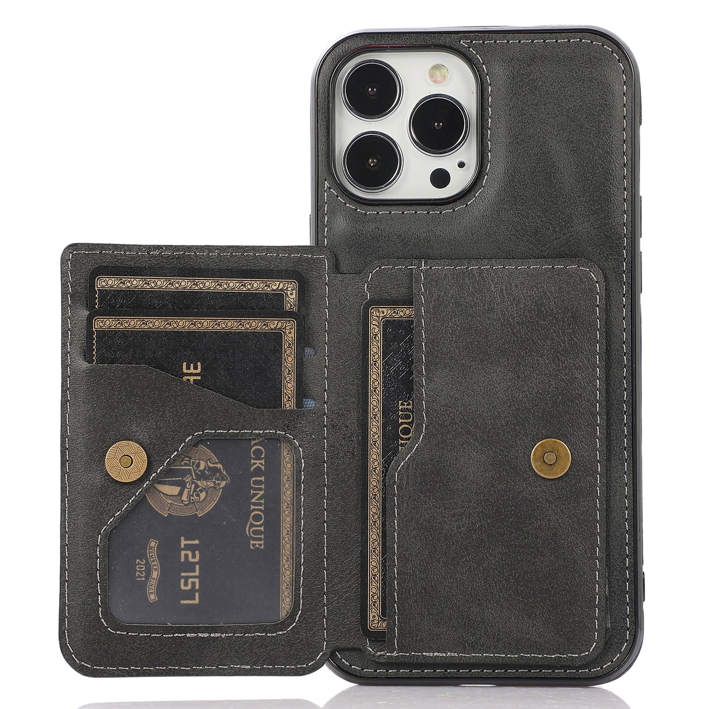 Well-protected Card Holders PU Leather Coated PC TPU Hybrid Shell [Built-in Magnetic Metal Sheet] for iPhone 13 Pro Max 6.7 inch