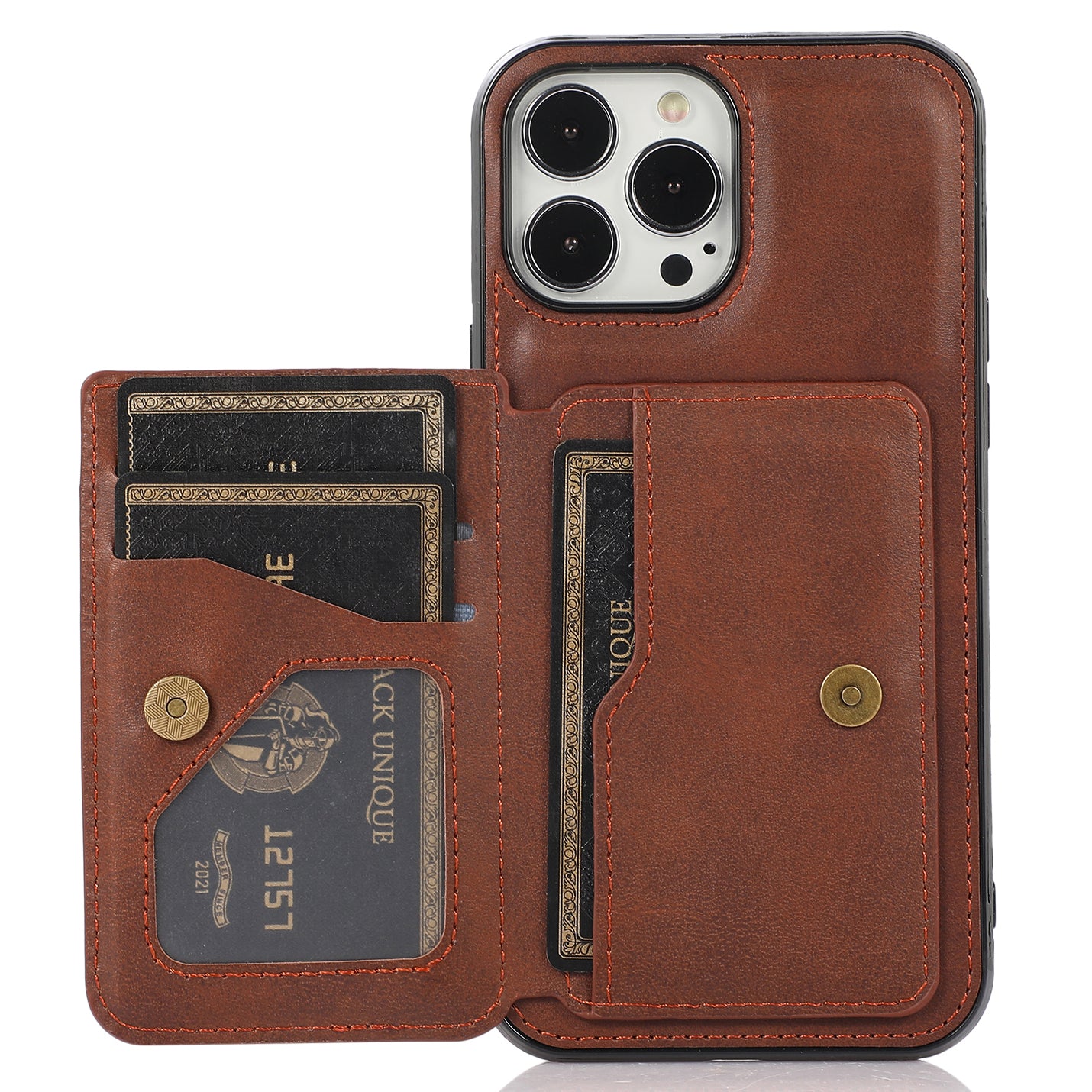 Well-protected Card Holders PU Leather Coated PC TPU Hybrid Shell [Built-in Magnetic Metal Sheet] for iPhone 13 Pro Max 6.7 inch