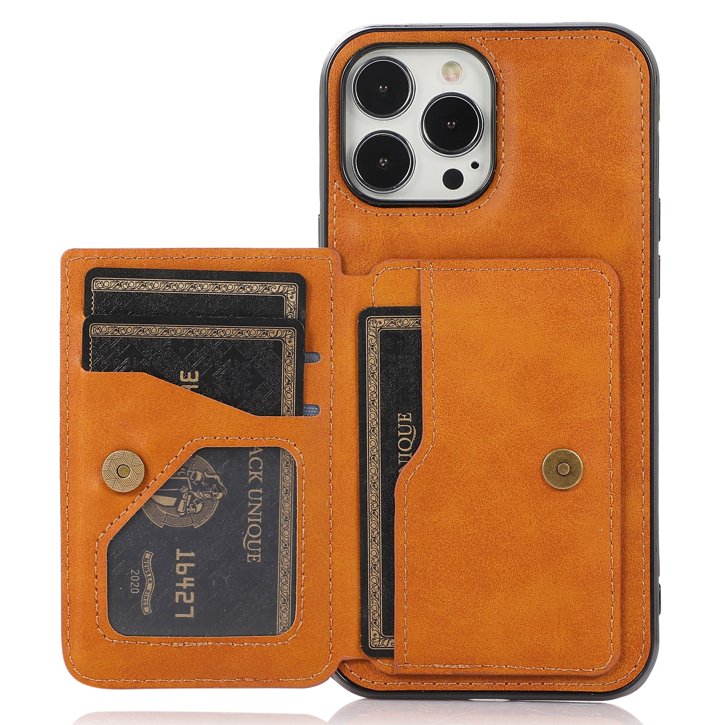 Well-protected Card Holders PU Leather Coated PC TPU Hybrid Shell [Built-in Magnetic Metal Sheet] for iPhone 13 Pro Max 6.7 inch