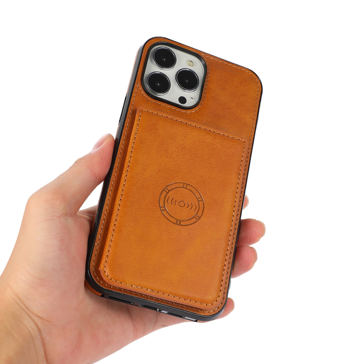 Well-protected Card Holders PU Leather Coated PC TPU Hybrid Shell [Built-in Magnetic Metal Sheet] for iPhone 13 Pro Max 6.7 inch