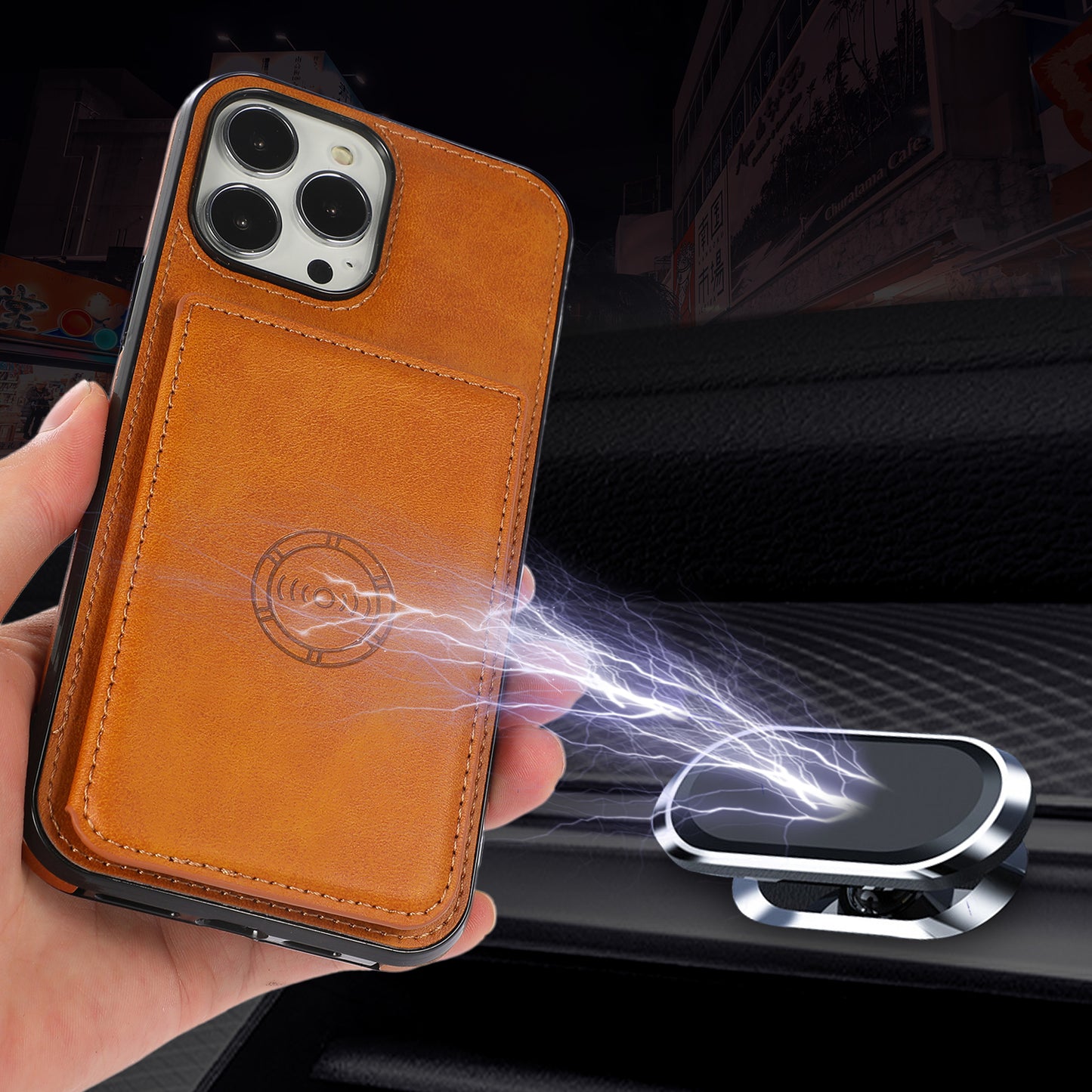 Well-protected Card Holders PU Leather Coated PC TPU Hybrid Shell [Built-in Magnetic Metal Sheet] for iPhone 13 Pro Max 6.7 inch