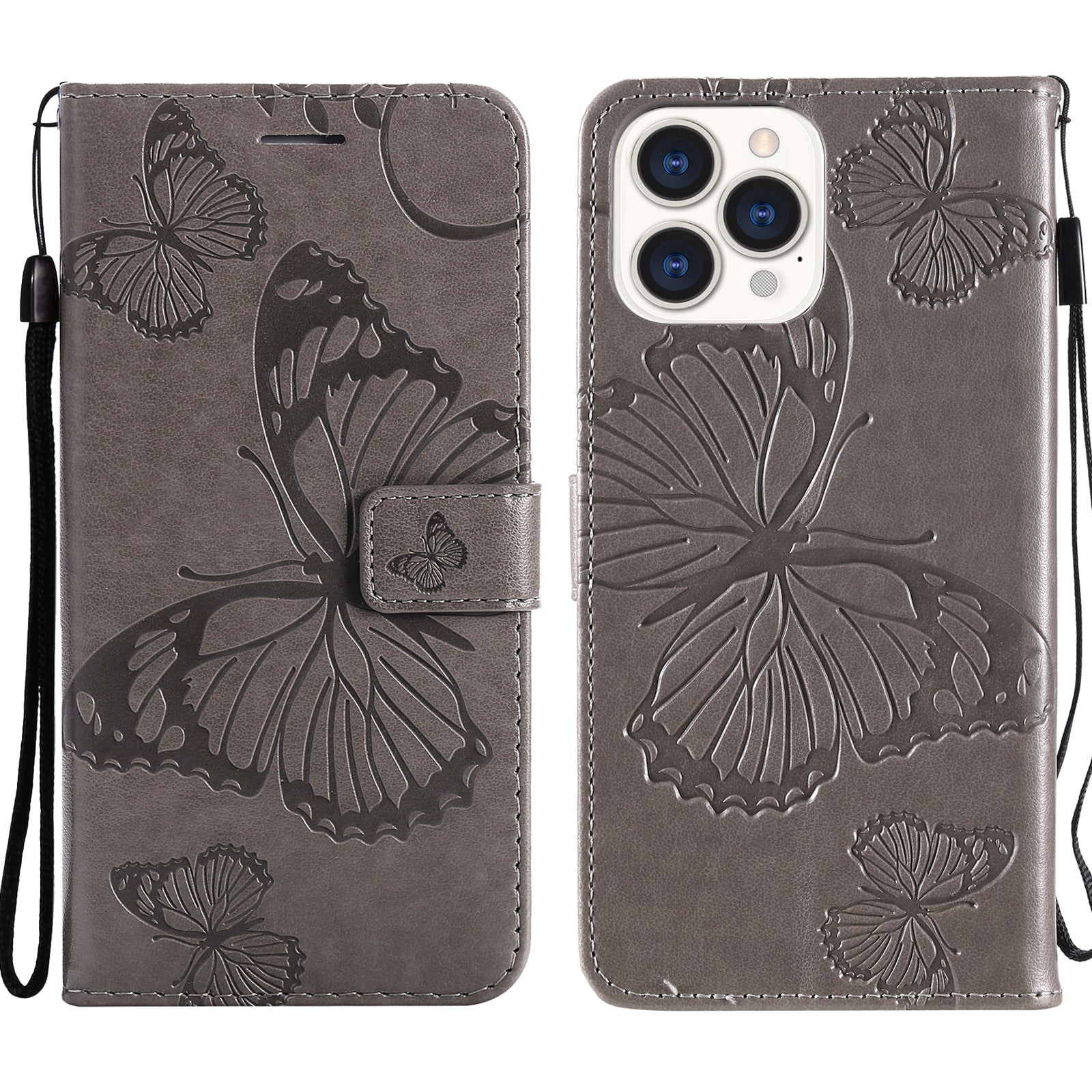 KT Imprinting Flower Series-2 Full Protection Imprint Butterfly Leather Cell Phone Stand Case with Strap for iPhone 13 Pro Max 6.7 inch