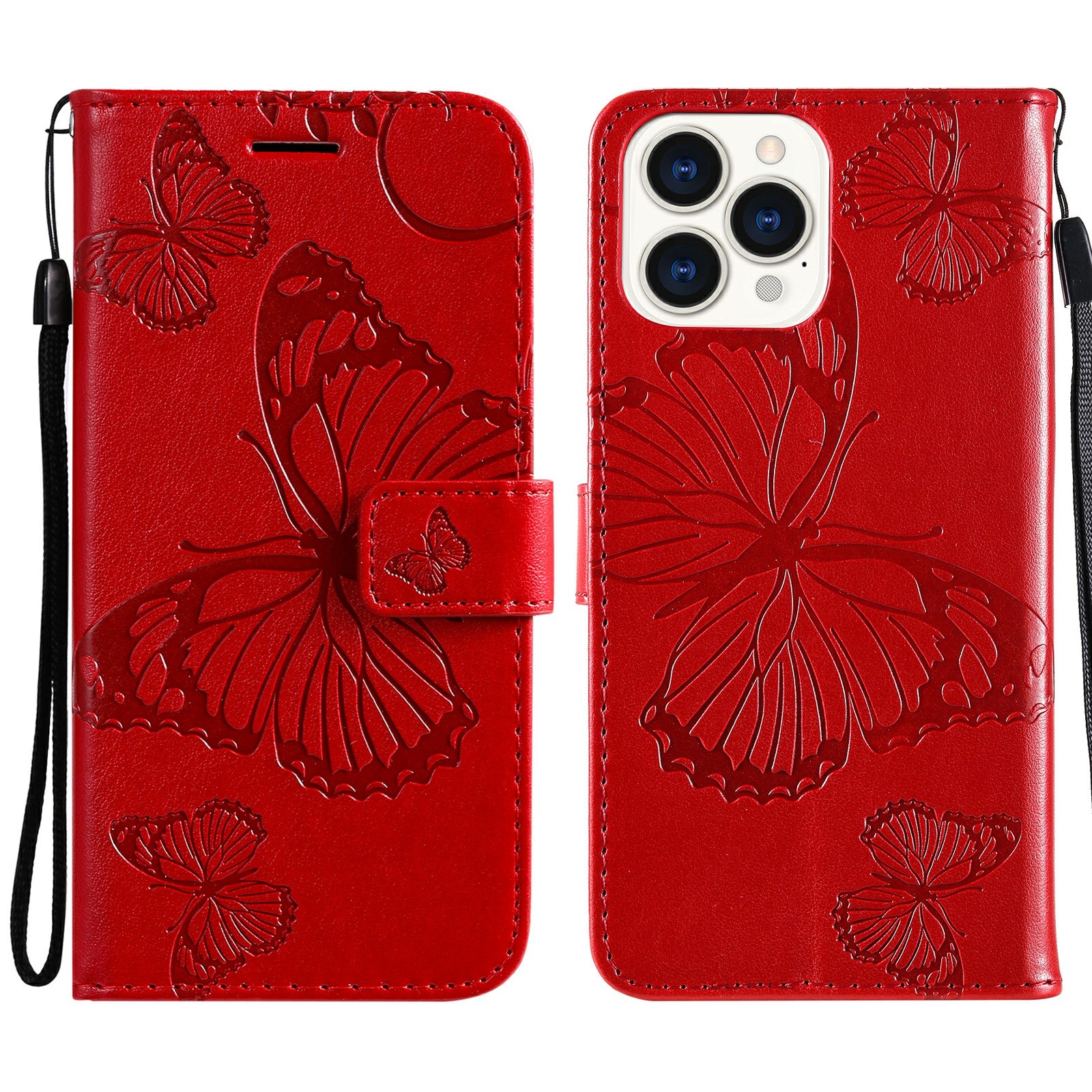 KT Imprinting Flower Series-2 Full Protection Imprint Butterfly Leather Cell Phone Stand Case with Strap for iPhone 13 Pro Max 6.7 inch