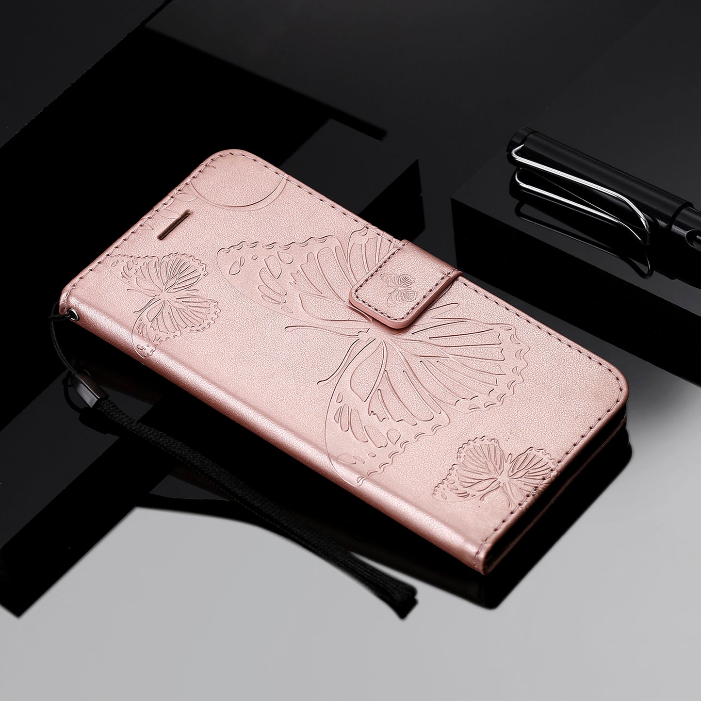 KT Imprinting Flower Series-2 Full Protection Imprint Butterfly Leather Cell Phone Stand Case with Strap for iPhone 13 Pro Max 6.7 inch
