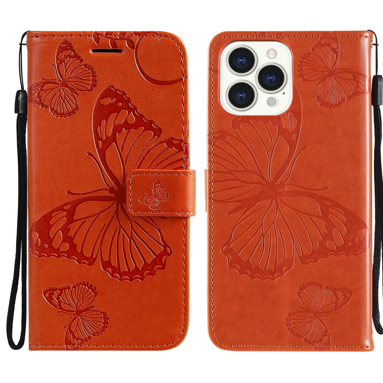 KT Imprinting Flower Series-2 Full Protection Imprint Butterfly Leather Cell Phone Stand Case with Strap for iPhone 13 Pro Max 6.7 inch