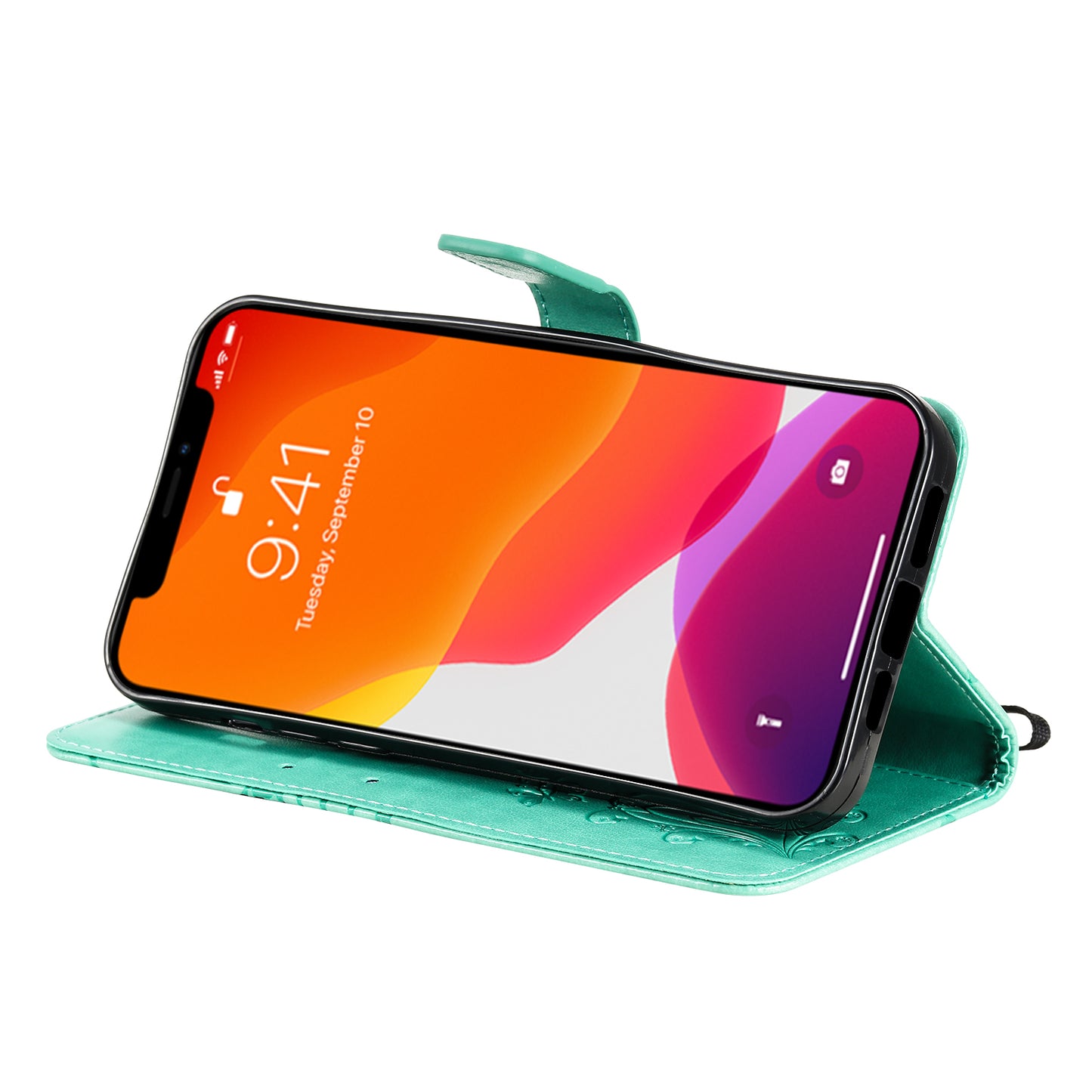KT Imprinting Flower Series-2 Full Protection Imprint Butterfly Leather Cell Phone Stand Case with Strap for iPhone 13 Pro Max 6.7 inch