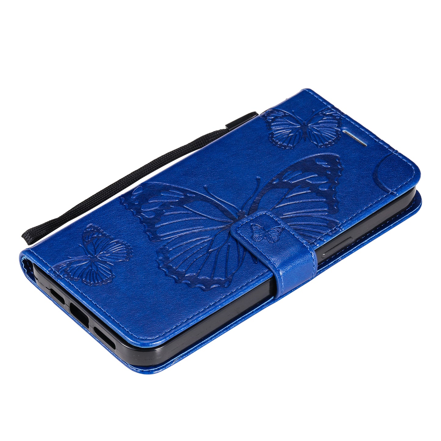 KT Imprinting Flower Series-2 Full Protection Imprint Butterfly Leather Cell Phone Stand Case with Strap for iPhone 13 Pro Max 6.7 inch