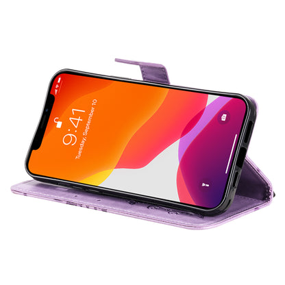 KT Imprinting Flower Series-2 Full Protection Imprint Butterfly Leather Cell Phone Stand Case with Strap for iPhone 13 Pro Max 6.7 inch