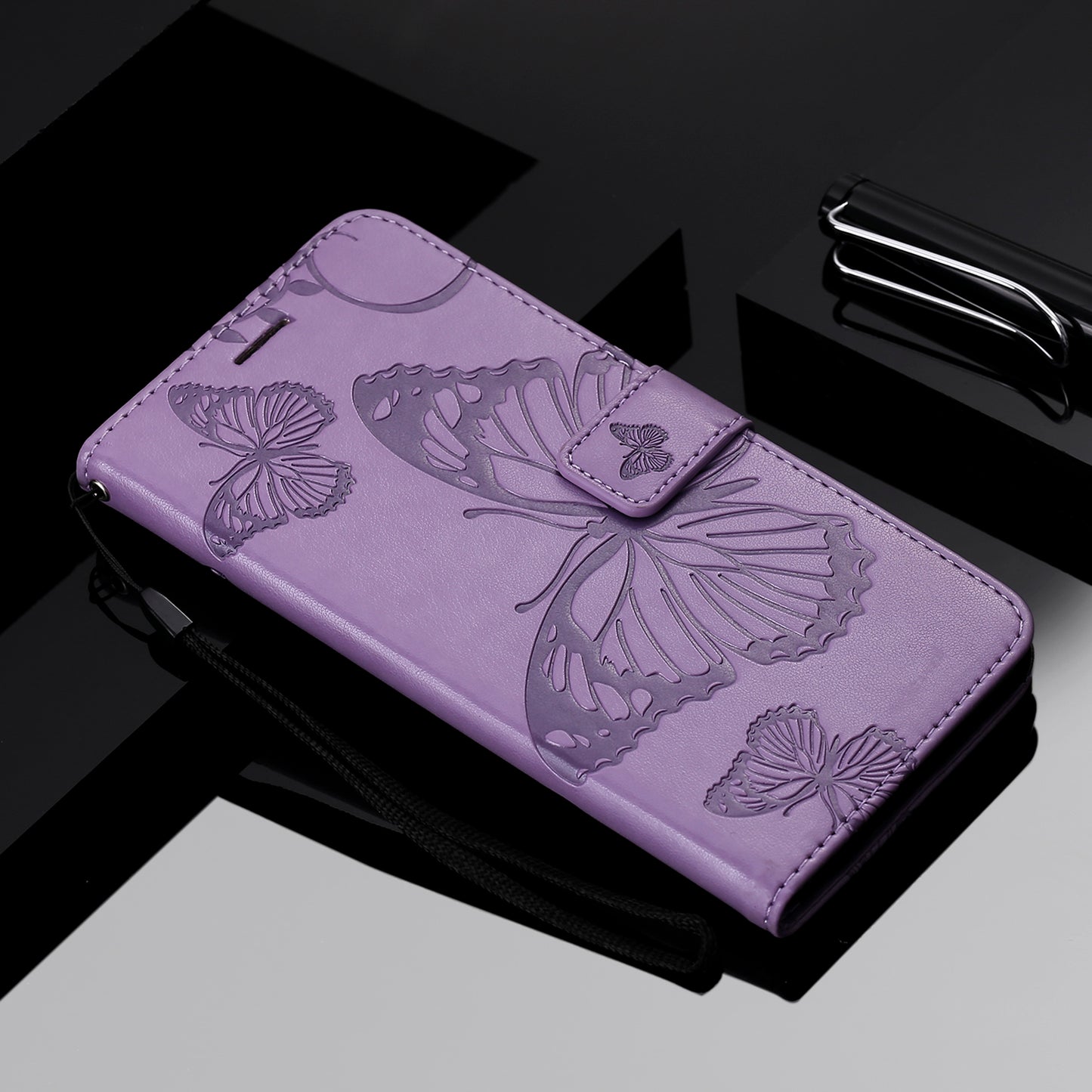 KT Imprinting Flower Series-2 Full Protection Imprint Butterfly Leather Cell Phone Stand Case with Strap for iPhone 13 Pro Max 6.7 inch