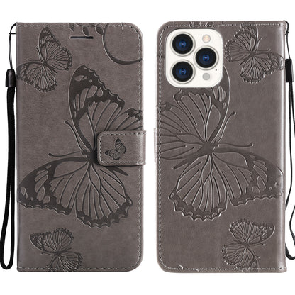 KT Imprinting Flower Series-2 Butterfly Pattern Imprinting Leather Phone CoverProtector with Strap for iPhone 13 Pro 6.1 inch
