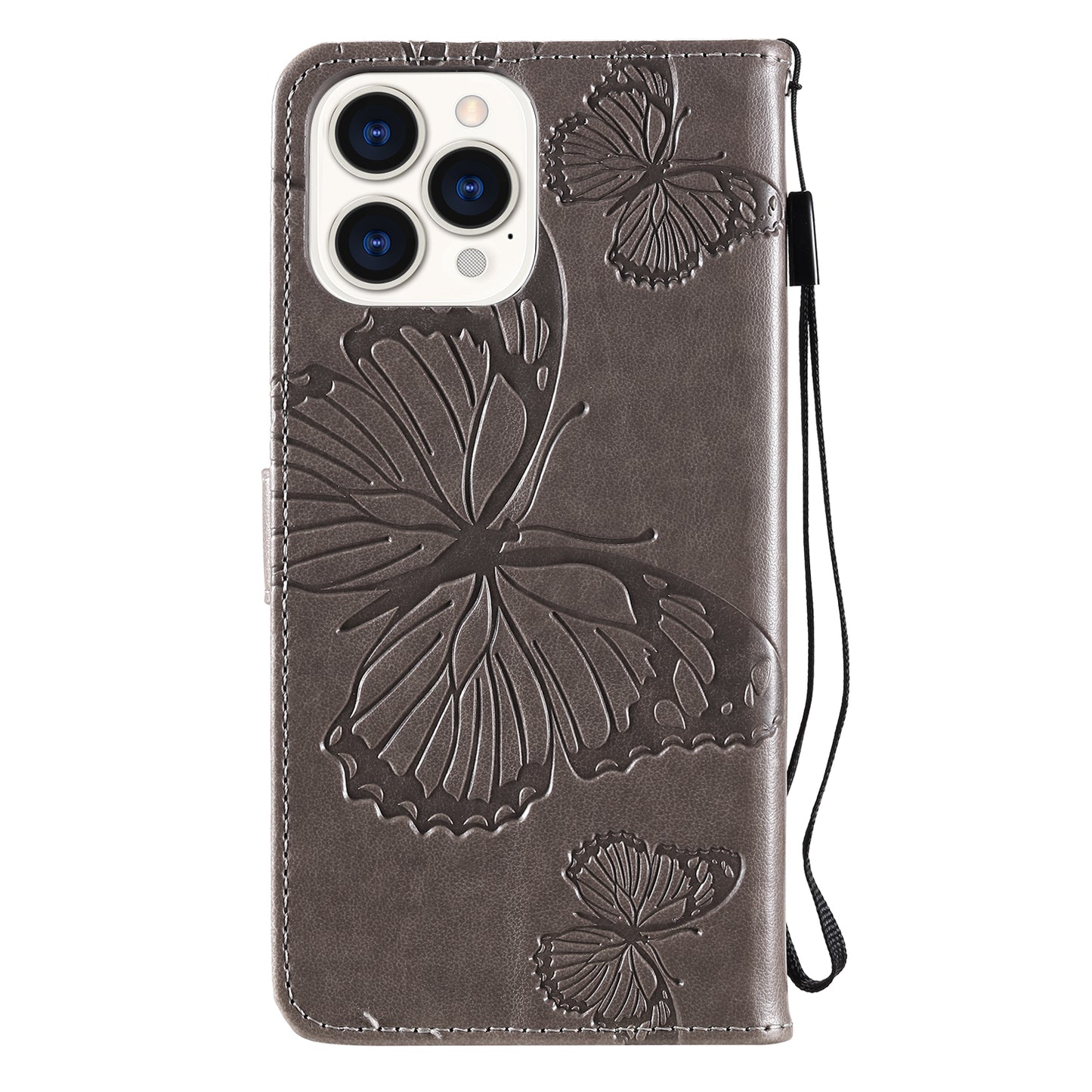 KT Imprinting Flower Series-2 Butterfly Pattern Imprinting Leather Phone CoverProtector with Strap for iPhone 13 Pro 6.1 inch
