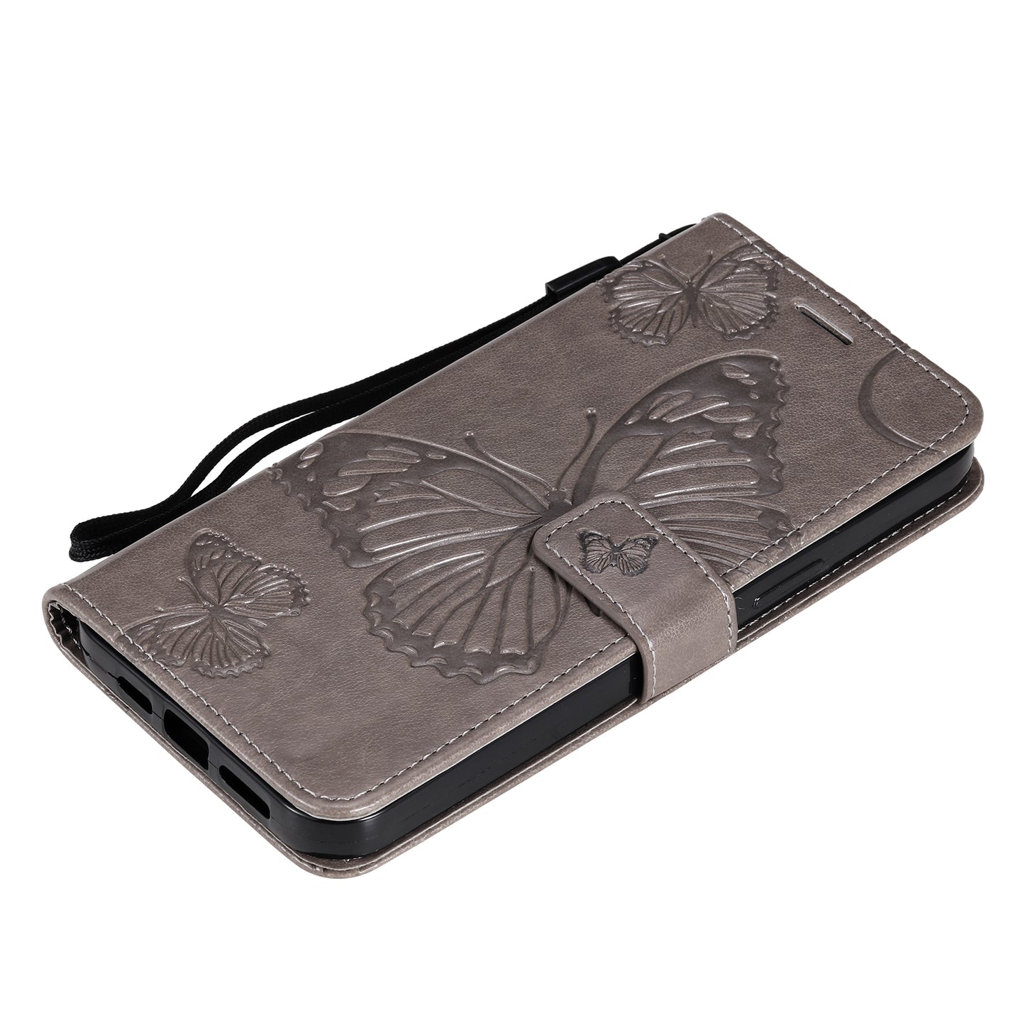 KT Imprinting Flower Series-2 Butterfly Pattern Imprinting Leather Phone CoverProtector with Strap for iPhone 13 Pro 6.1 inch