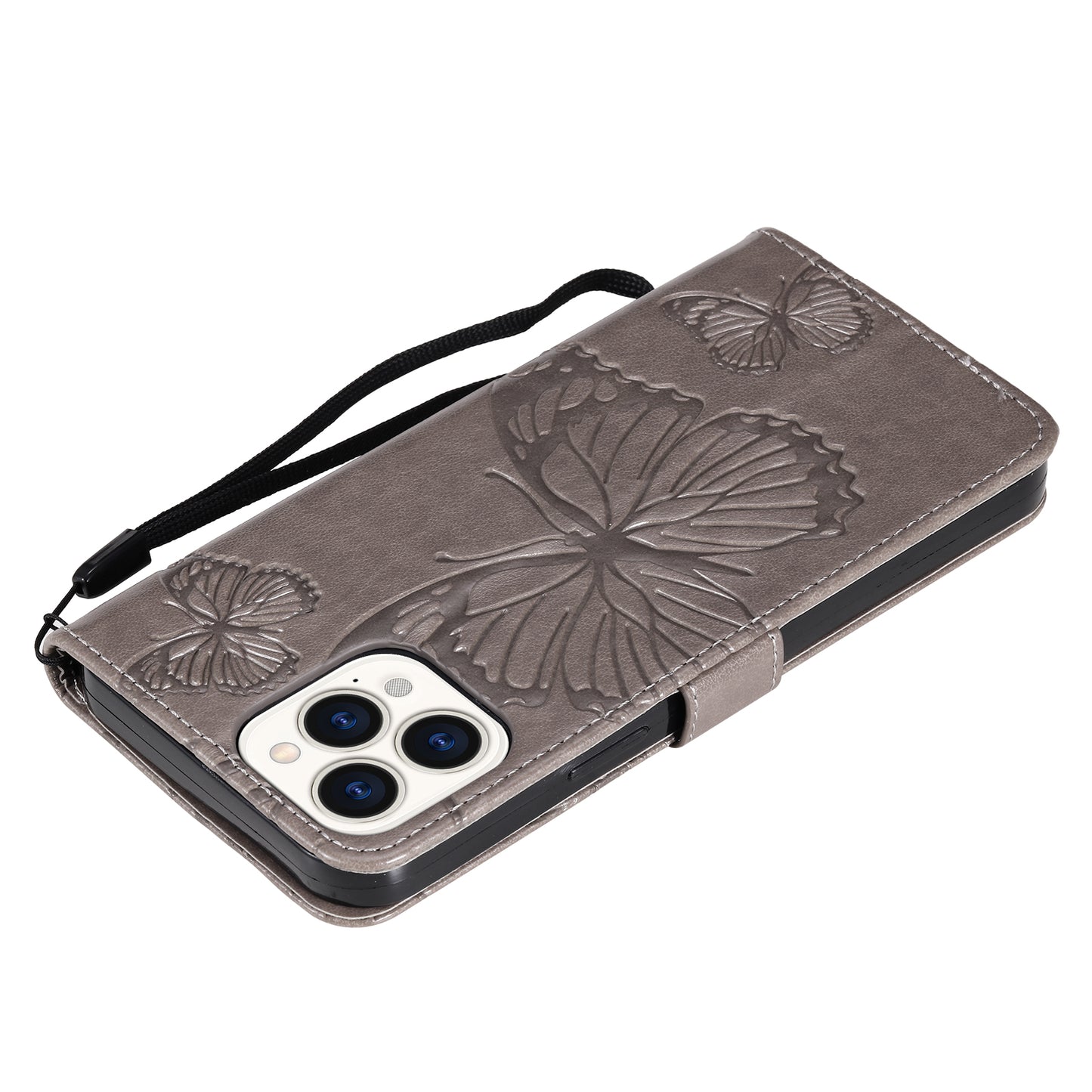 KT Imprinting Flower Series-2 Butterfly Pattern Imprinting Leather Phone CoverProtector with Strap for iPhone 13 Pro 6.1 inch