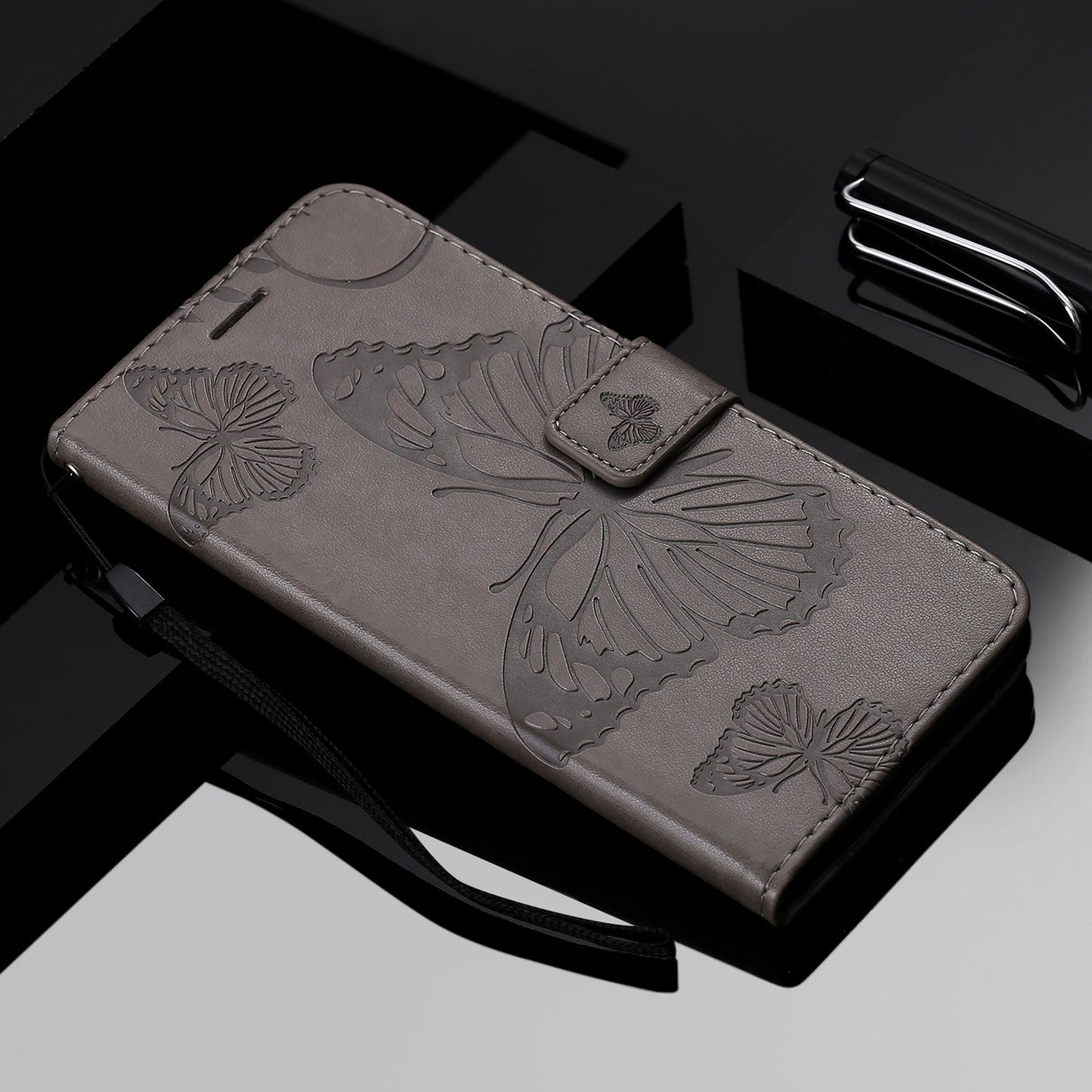 KT Imprinting Flower Series-2 Butterfly Pattern Imprinting Leather Phone CoverProtector with Strap for iPhone 13 Pro 6.1 inch