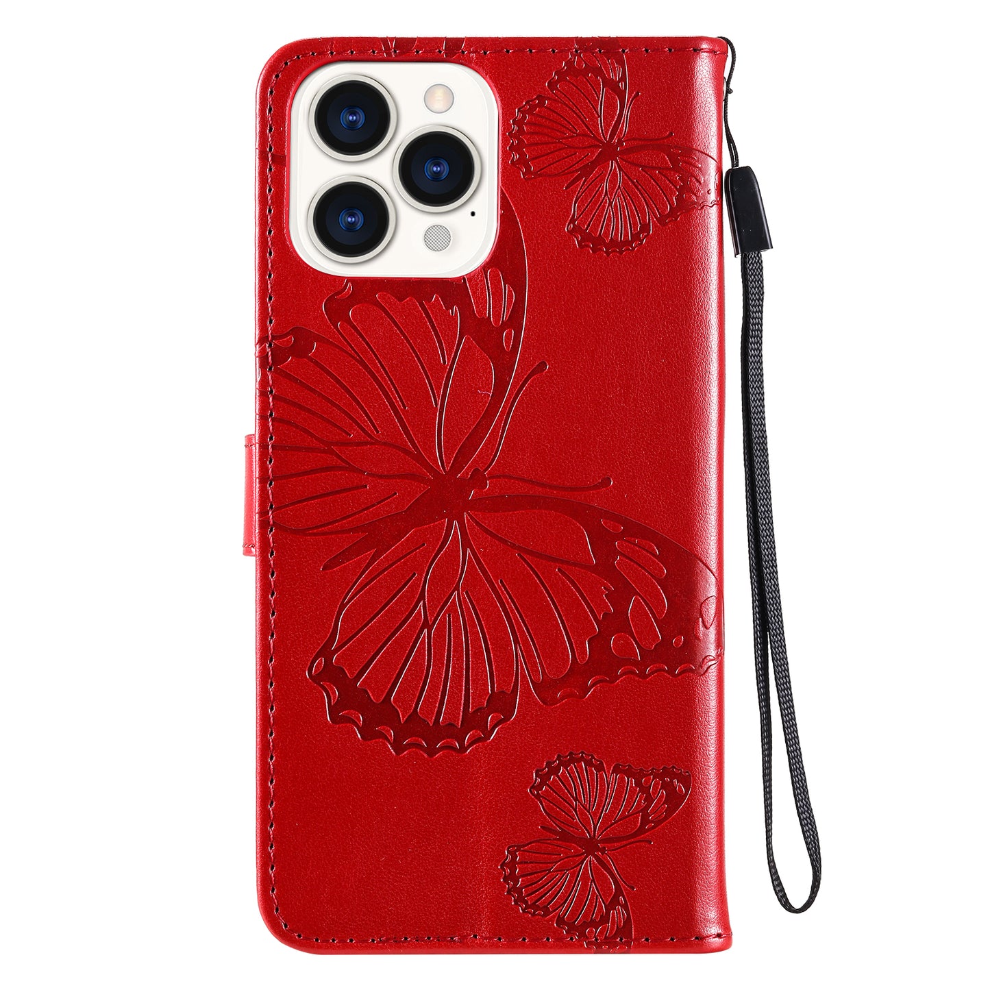 KT Imprinting Flower Series-2 Butterfly Pattern Imprinting Leather Phone CoverProtector with Strap for iPhone 13 Pro 6.1 inch
