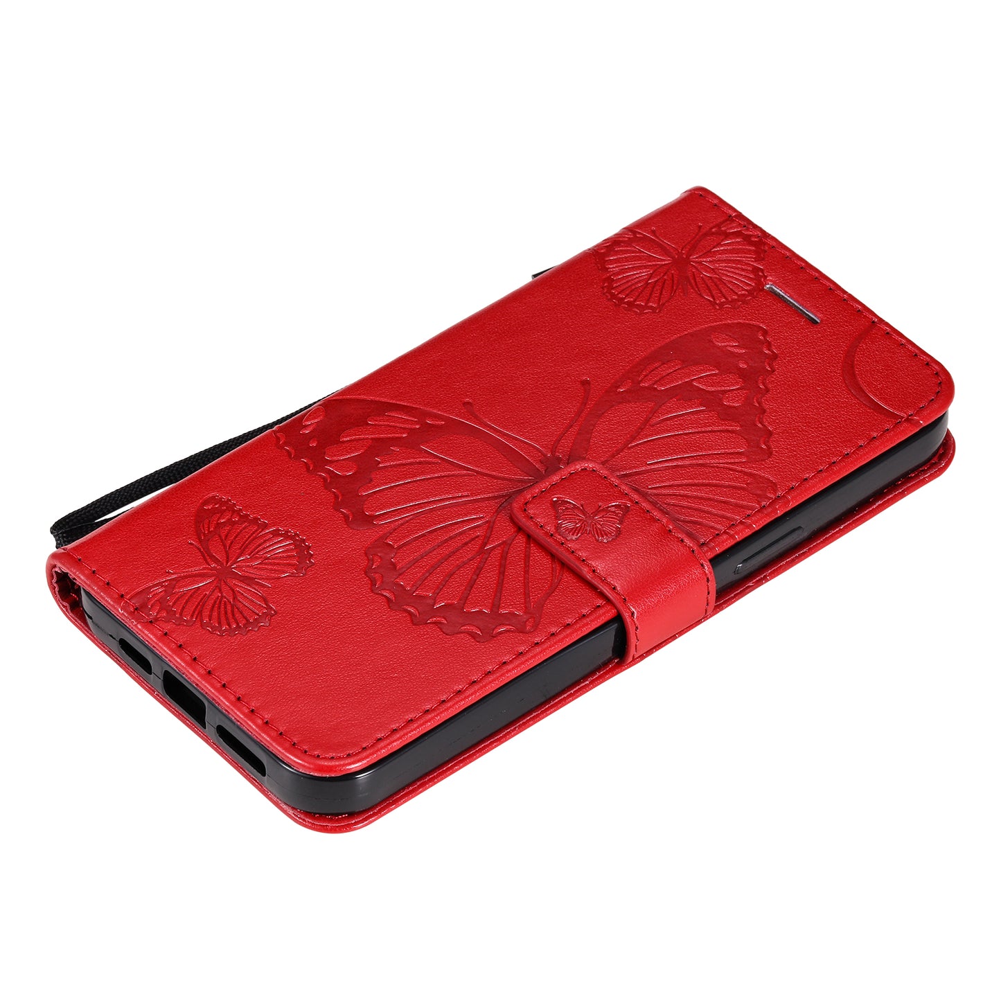 KT Imprinting Flower Series-2 Butterfly Pattern Imprinting Leather Phone CoverProtector with Strap for iPhone 13 Pro 6.1 inch