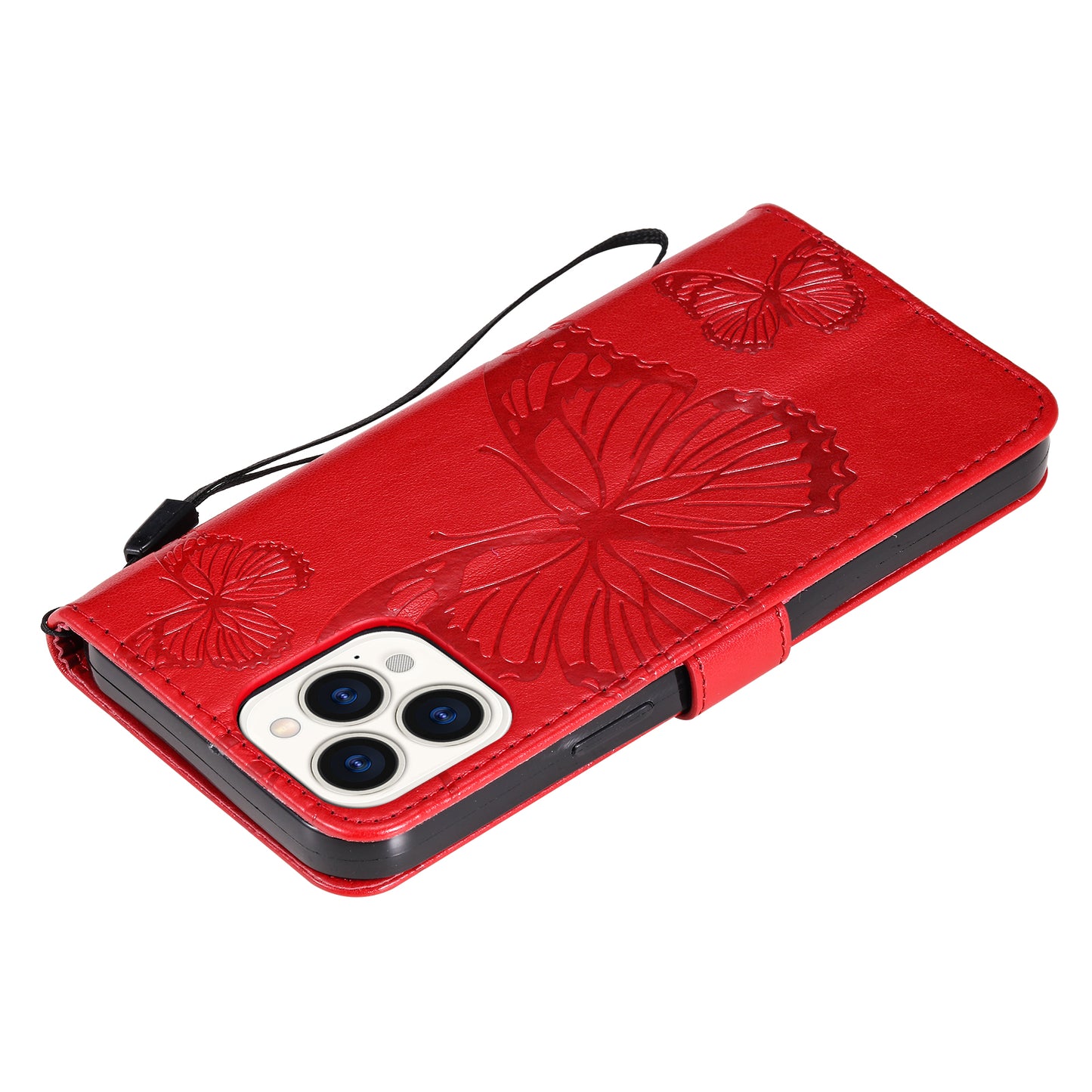 KT Imprinting Flower Series-2 Butterfly Pattern Imprinting Leather Phone CoverProtector with Strap for iPhone 13 Pro 6.1 inch