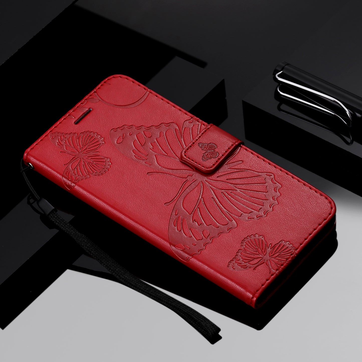 KT Imprinting Flower Series-2 Butterfly Pattern Imprinting Leather Phone CoverProtector with Strap for iPhone 13 Pro 6.1 inch