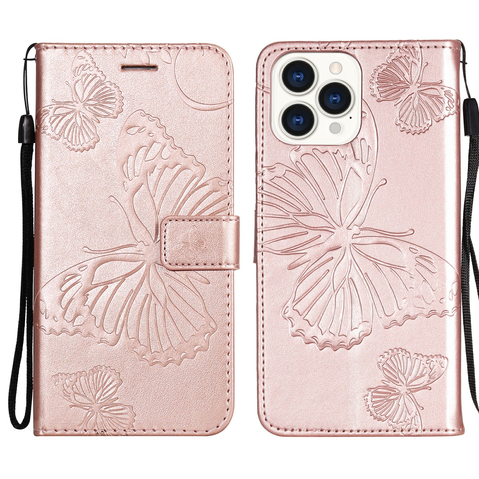 KT Imprinting Flower Series-2 Butterfly Pattern Imprinting Leather Phone CoverProtector with Strap for iPhone 13 Pro 6.1 inch