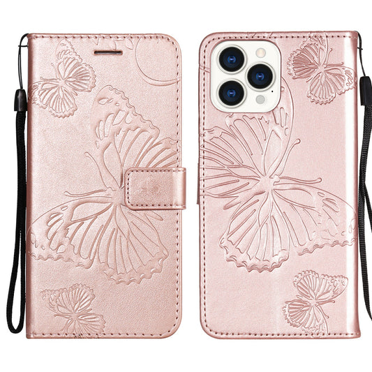 KT Imprinting Flower Series-2 Butterfly Pattern Imprinting Leather Phone CoverProtector with Strap for iPhone 13 Pro 6.1 inch