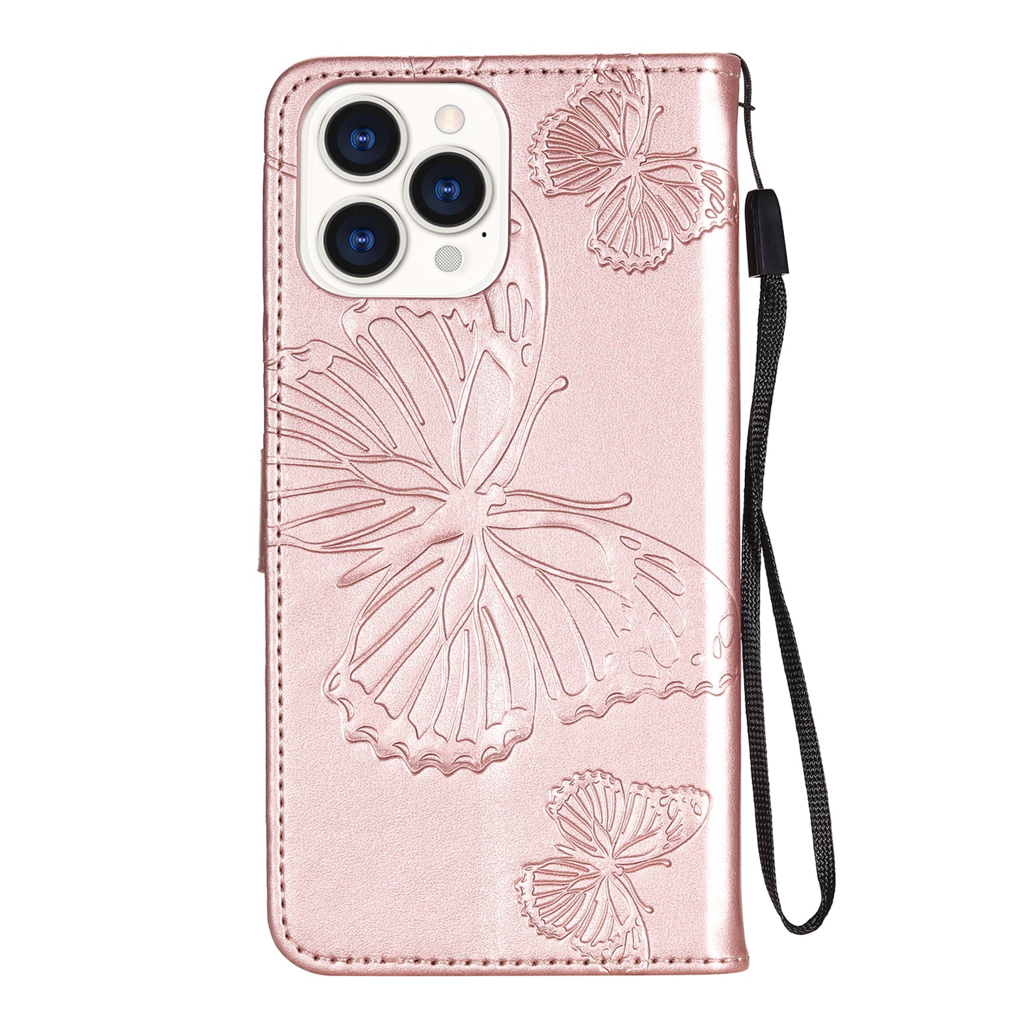 KT Imprinting Flower Series-2 Butterfly Pattern Imprinting Leather Phone CoverProtector with Strap for iPhone 13 Pro 6.1 inch
