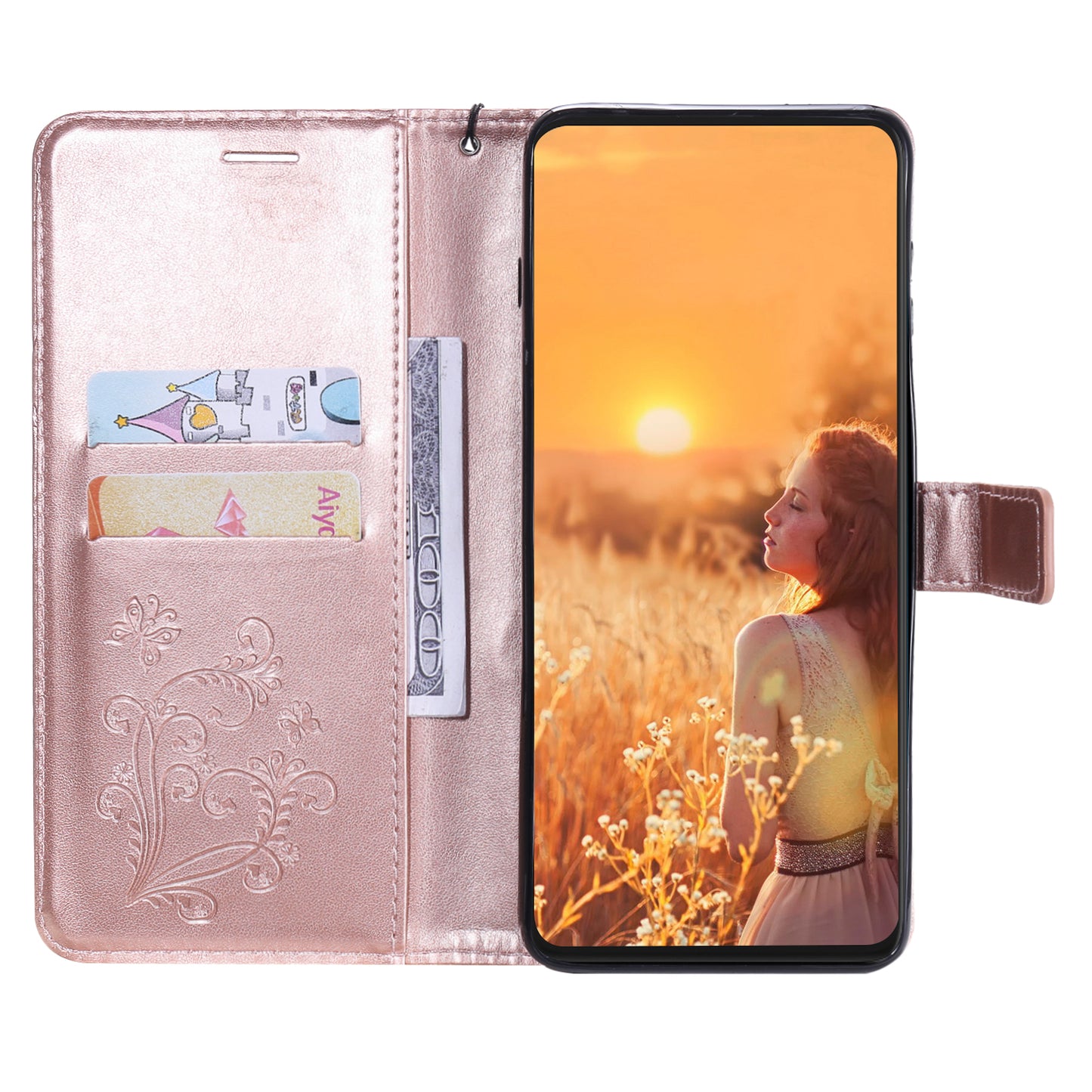 KT Imprinting Flower Series-2 Butterfly Pattern Imprinting Leather Phone CoverProtector with Strap for iPhone 13 Pro 6.1 inch