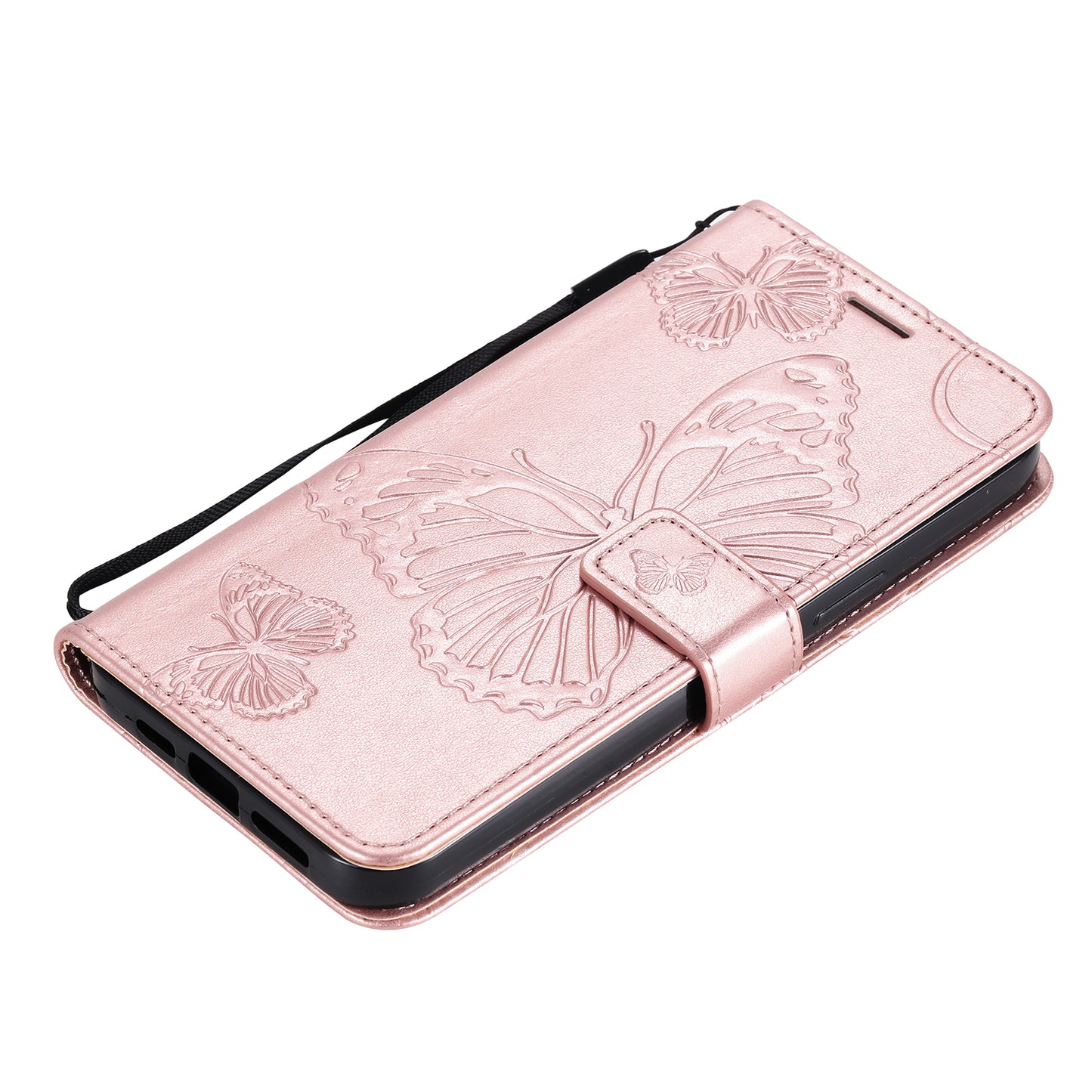 KT Imprinting Flower Series-2 Butterfly Pattern Imprinting Leather Phone CoverProtector with Strap for iPhone 13 Pro 6.1 inch