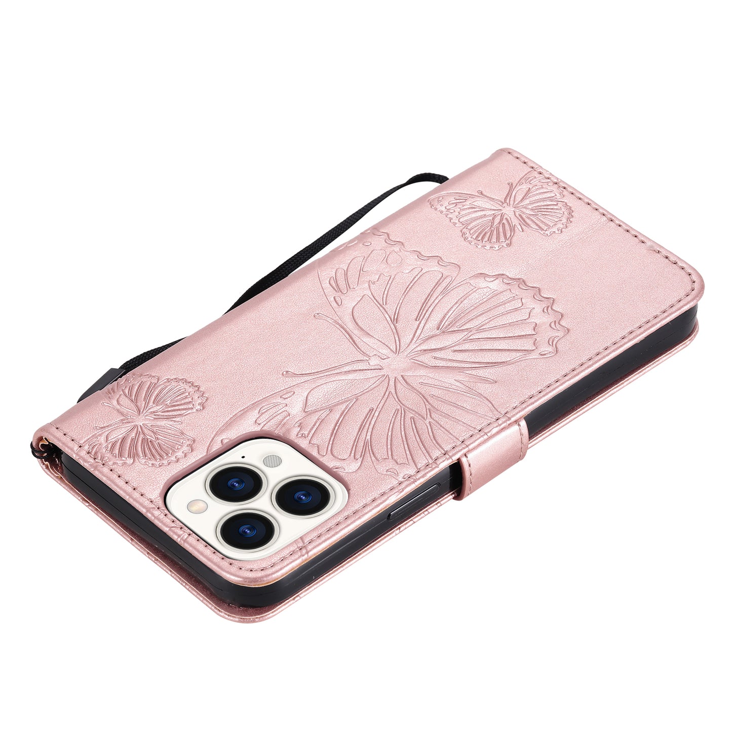 KT Imprinting Flower Series-2 Butterfly Pattern Imprinting Leather Phone CoverProtector with Strap for iPhone 13 Pro 6.1 inch