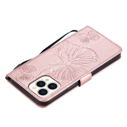 KT Imprinting Flower Series-2 Butterfly Pattern Imprinting Leather Phone CoverProtector with Strap for iPhone 13 Pro 6.1 inch