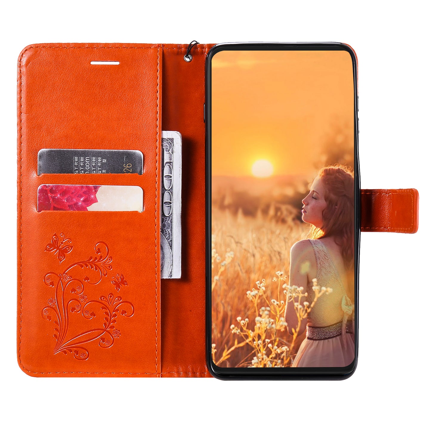 KT Imprinting Flower Series-2 Butterfly Pattern Imprinting Leather Phone CoverProtector with Strap for iPhone 13 Pro 6.1 inch