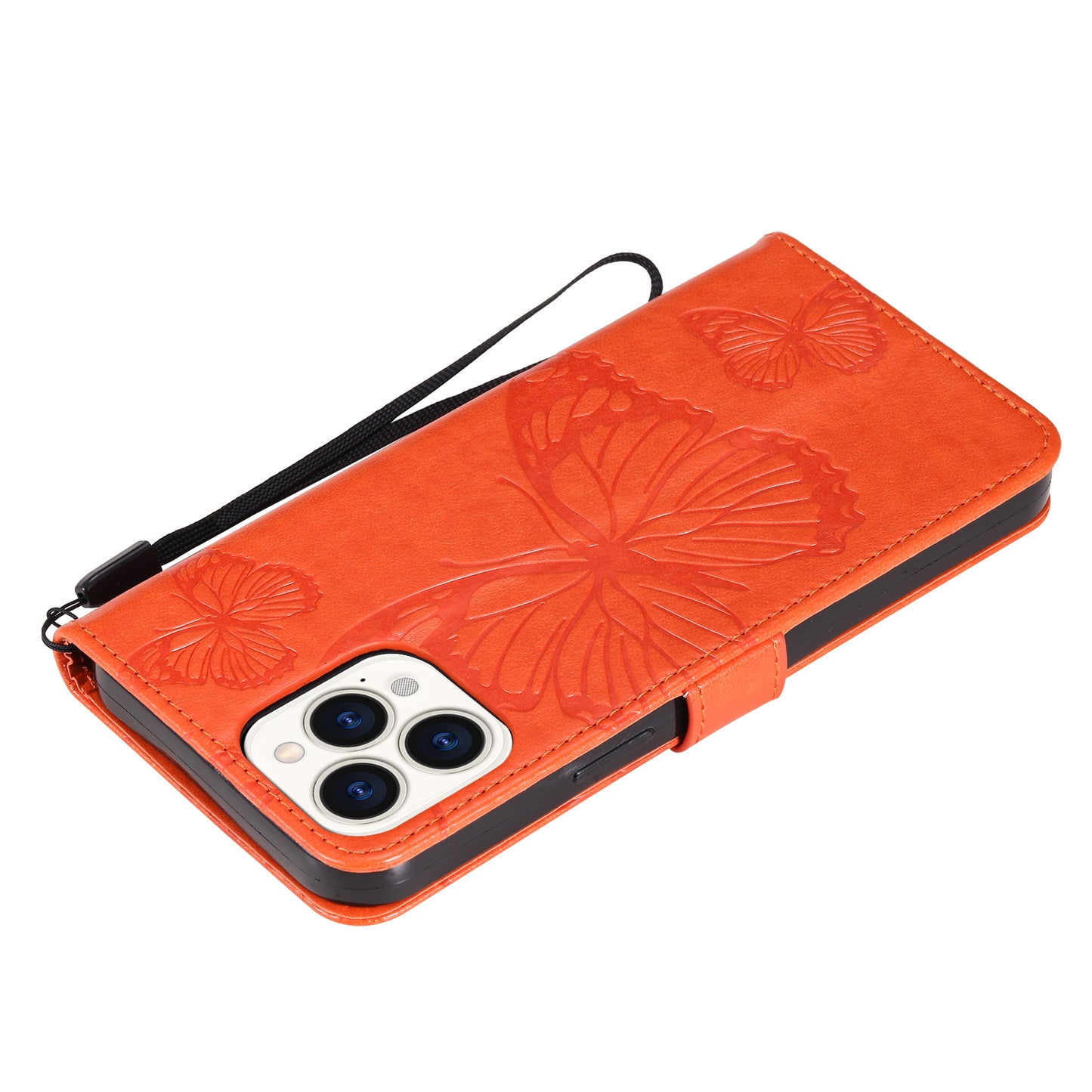 KT Imprinting Flower Series-2 Butterfly Pattern Imprinting Leather Phone CoverProtector with Strap for iPhone 13 Pro 6.1 inch