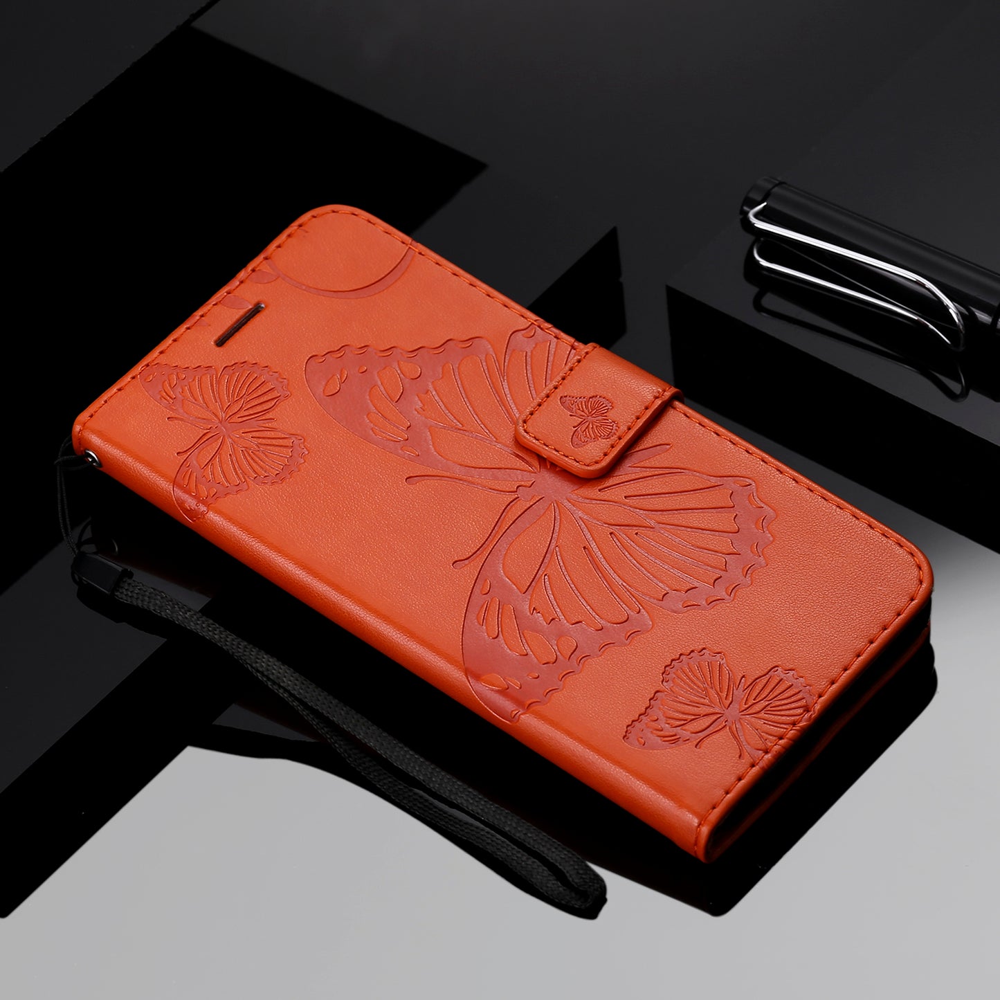 KT Imprinting Flower Series-2 Butterfly Pattern Imprinting Leather Phone CoverProtector with Strap for iPhone 13 Pro 6.1 inch