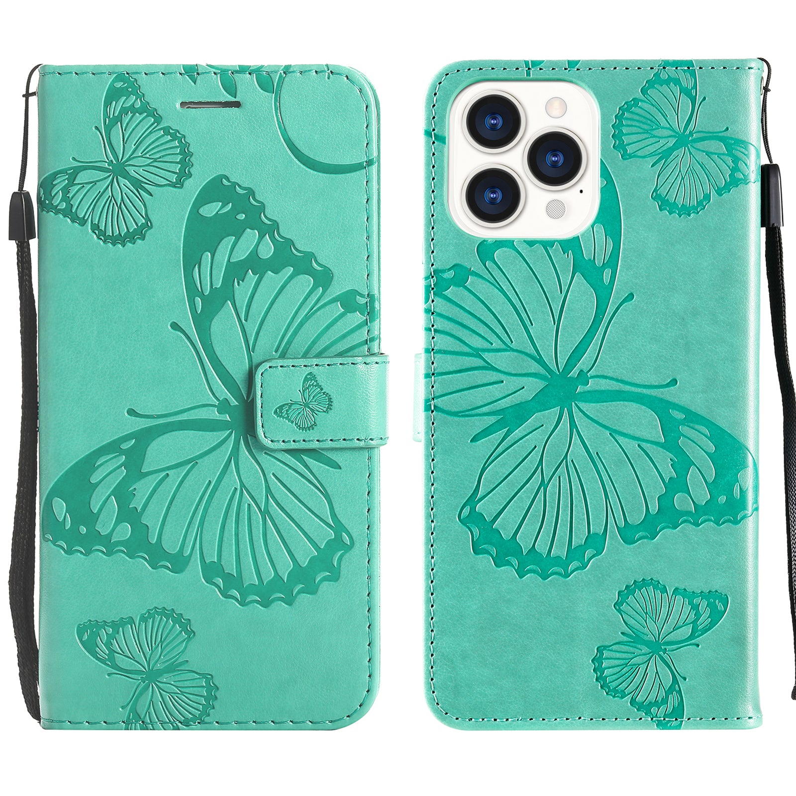 KT Imprinting Flower Series-2 Butterfly Pattern Imprinting Leather Phone CoverProtector with Strap for iPhone 13 Pro 6.1 inch