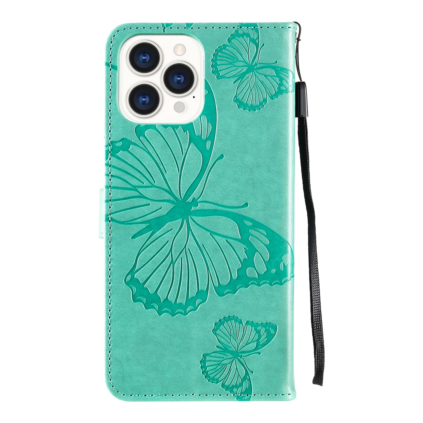KT Imprinting Flower Series-2 Butterfly Pattern Imprinting Leather Phone CoverProtector with Strap for iPhone 13 Pro 6.1 inch