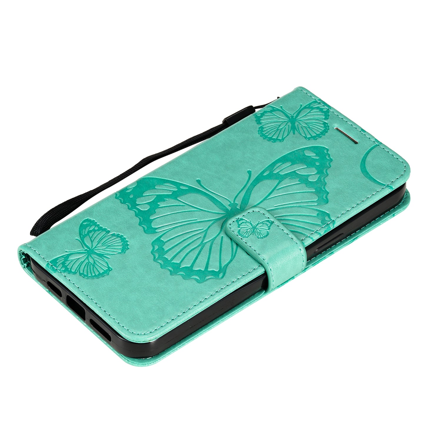 KT Imprinting Flower Series-2 Butterfly Pattern Imprinting Leather Phone CoverProtector with Strap for iPhone 13 Pro 6.1 inch