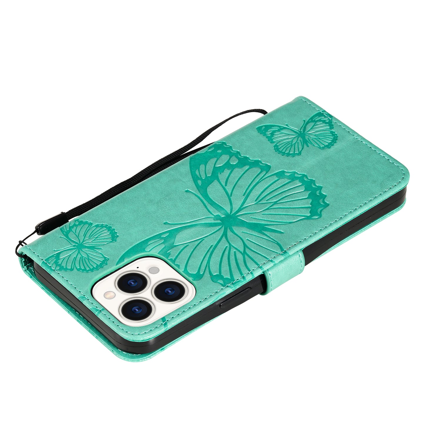KT Imprinting Flower Series-2 Butterfly Pattern Imprinting Leather Phone CoverProtector with Strap for iPhone 13 Pro 6.1 inch