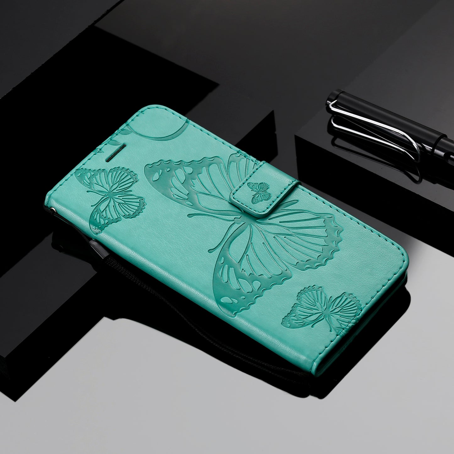 KT Imprinting Flower Series-2 Butterfly Pattern Imprinting Leather Phone CoverProtector with Strap for iPhone 13 Pro 6.1 inch