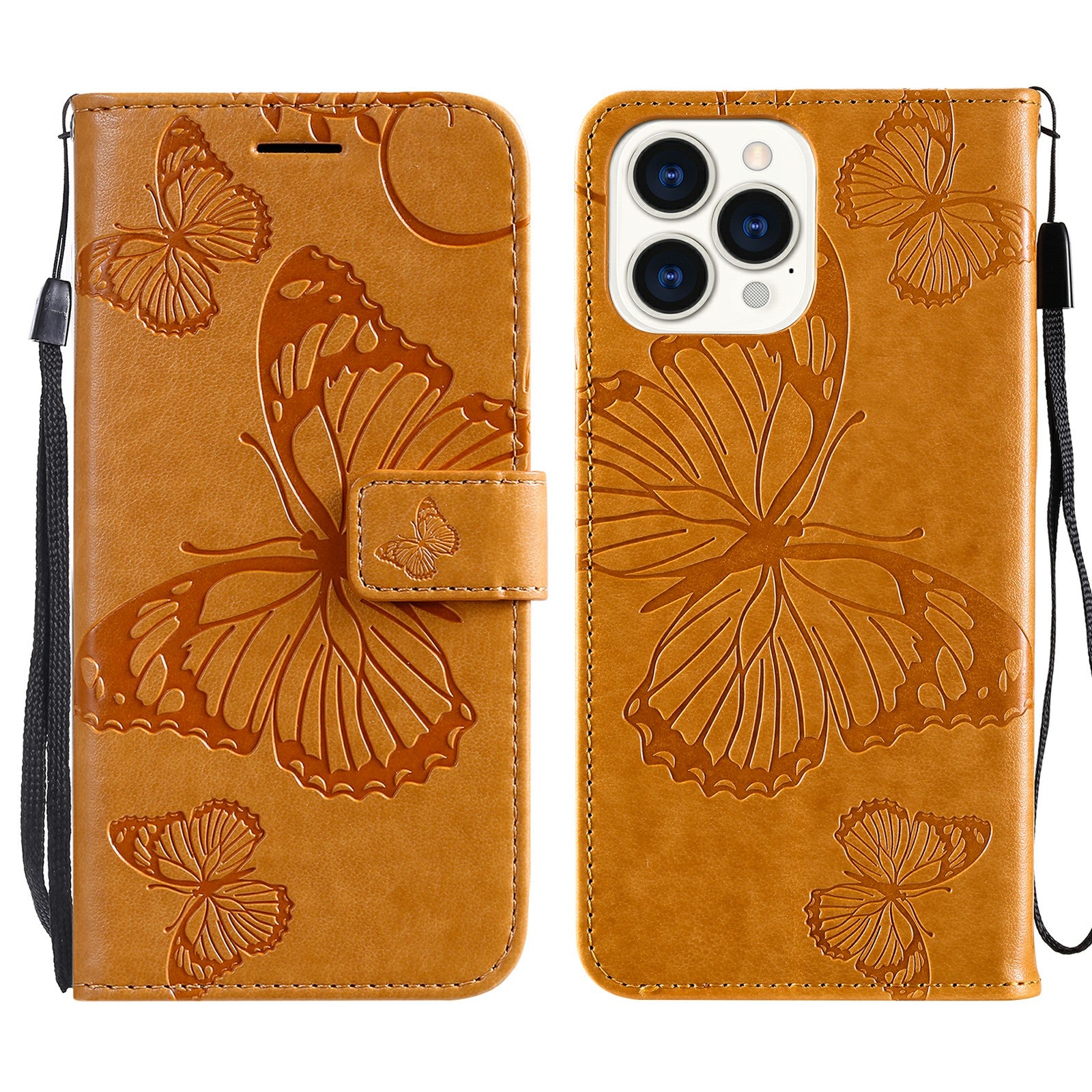 KT Imprinting Flower Series-2 Butterfly Pattern Imprinting Leather Phone CoverProtector with Strap for iPhone 13 Pro 6.1 inch