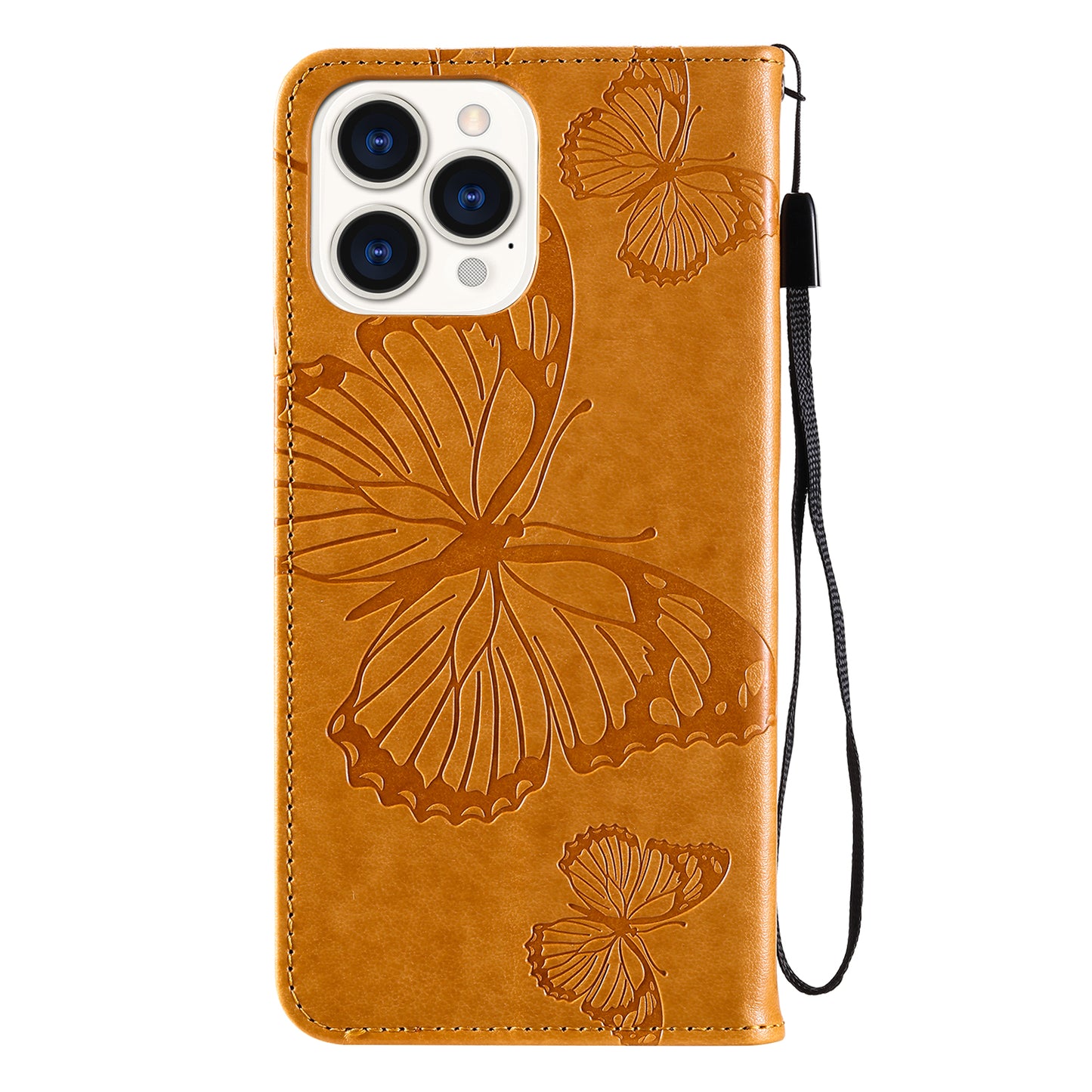 KT Imprinting Flower Series-2 Butterfly Pattern Imprinting Leather Phone CoverProtector with Strap for iPhone 13 Pro 6.1 inch
