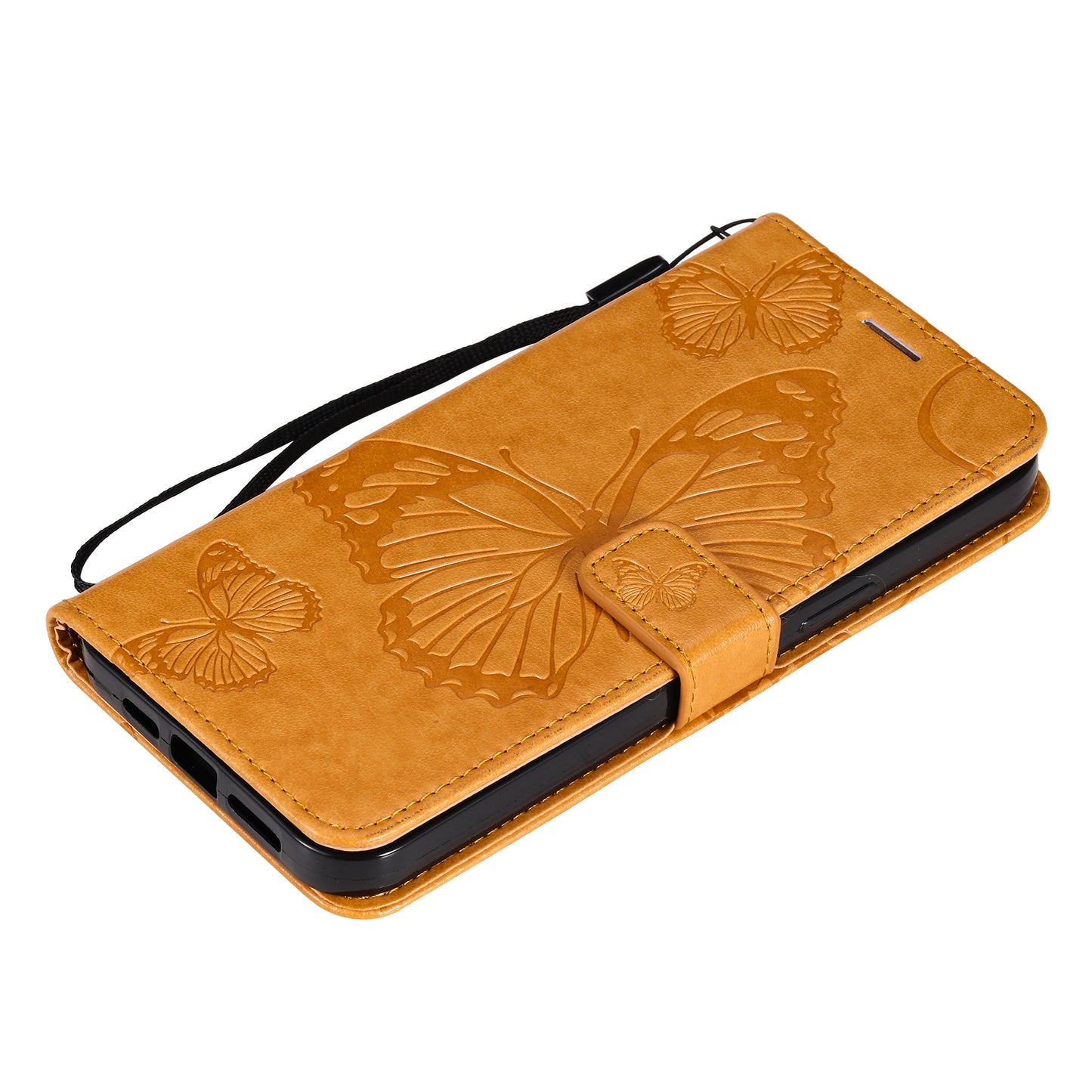 KT Imprinting Flower Series-2 Butterfly Pattern Imprinting Leather Phone CoverProtector with Strap for iPhone 13 Pro 6.1 inch