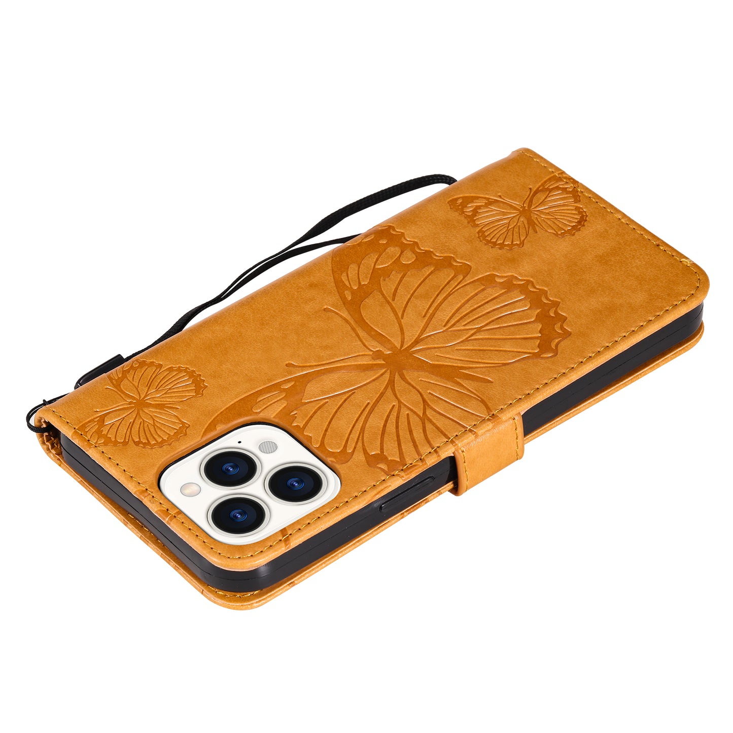 KT Imprinting Flower Series-2 Butterfly Pattern Imprinting Leather Phone CoverProtector with Strap for iPhone 13 Pro 6.1 inch