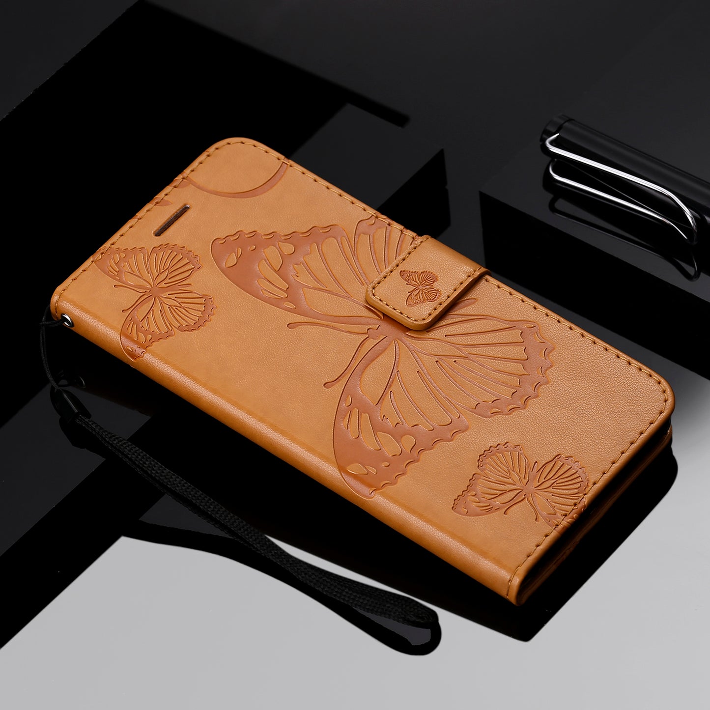 KT Imprinting Flower Series-2 Butterfly Pattern Imprinting Leather Phone CoverProtector with Strap for iPhone 13 Pro 6.1 inch