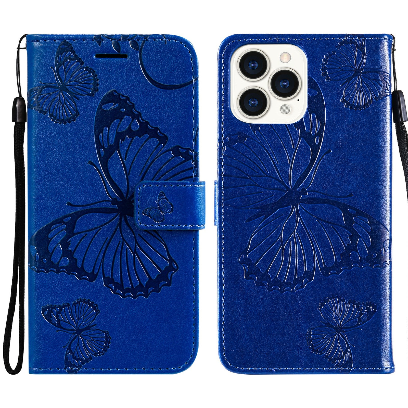 KT Imprinting Flower Series-2 Butterfly Pattern Imprinting Leather Phone CoverProtector with Strap for iPhone 13 Pro 6.1 inch