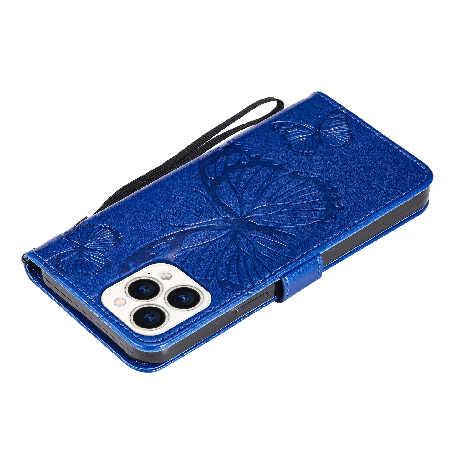 KT Imprinting Flower Series-2 Butterfly Pattern Imprinting Leather Phone CoverProtector with Strap for iPhone 13 Pro 6.1 inch