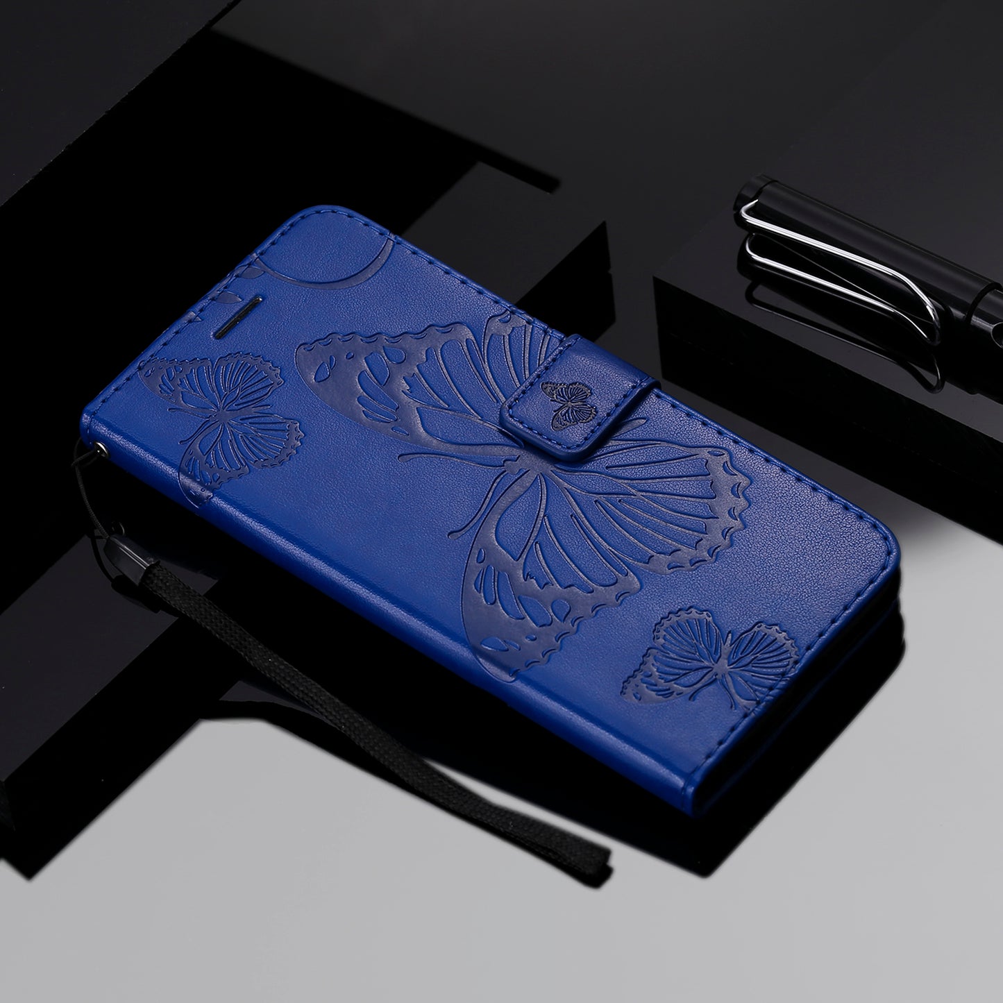 KT Imprinting Flower Series-2 Butterfly Pattern Imprinting Leather Phone CoverProtector with Strap for iPhone 13 Pro 6.1 inch