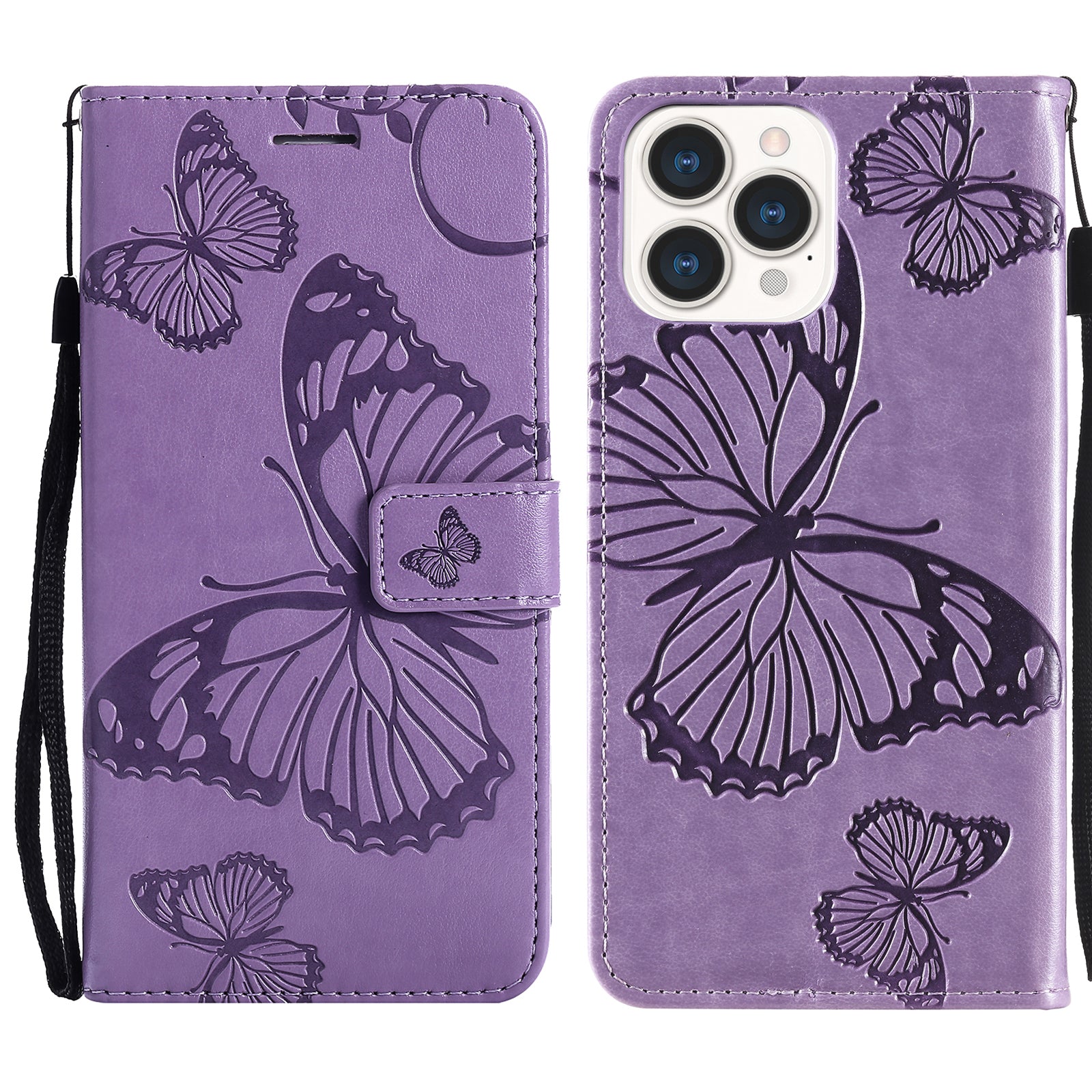KT Imprinting Flower Series-2 Butterfly Pattern Imprinting Leather Phone CoverProtector with Strap for iPhone 13 Pro 6.1 inch