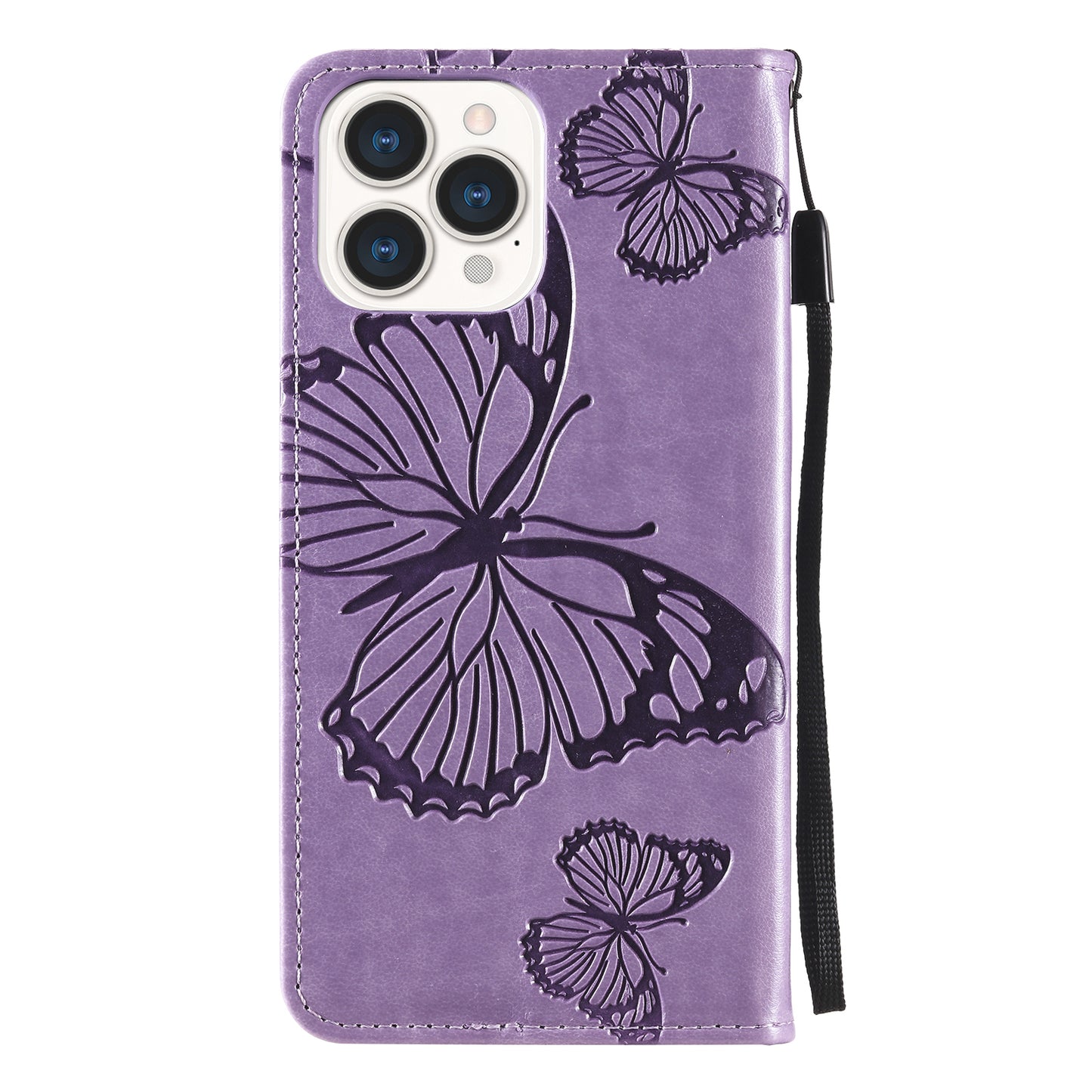 KT Imprinting Flower Series-2 Butterfly Pattern Imprinting Leather Phone CoverProtector with Strap for iPhone 13 Pro 6.1 inch