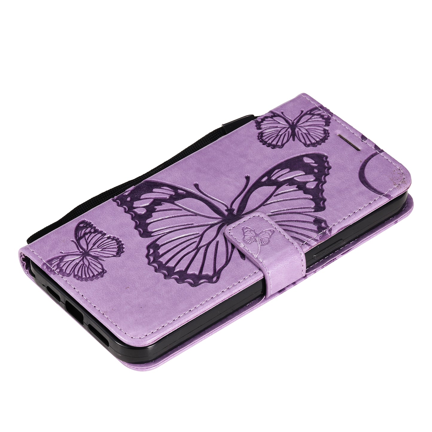KT Imprinting Flower Series-2 Butterfly Pattern Imprinting Leather Phone CoverProtector with Strap for iPhone 13 Pro 6.1 inch
