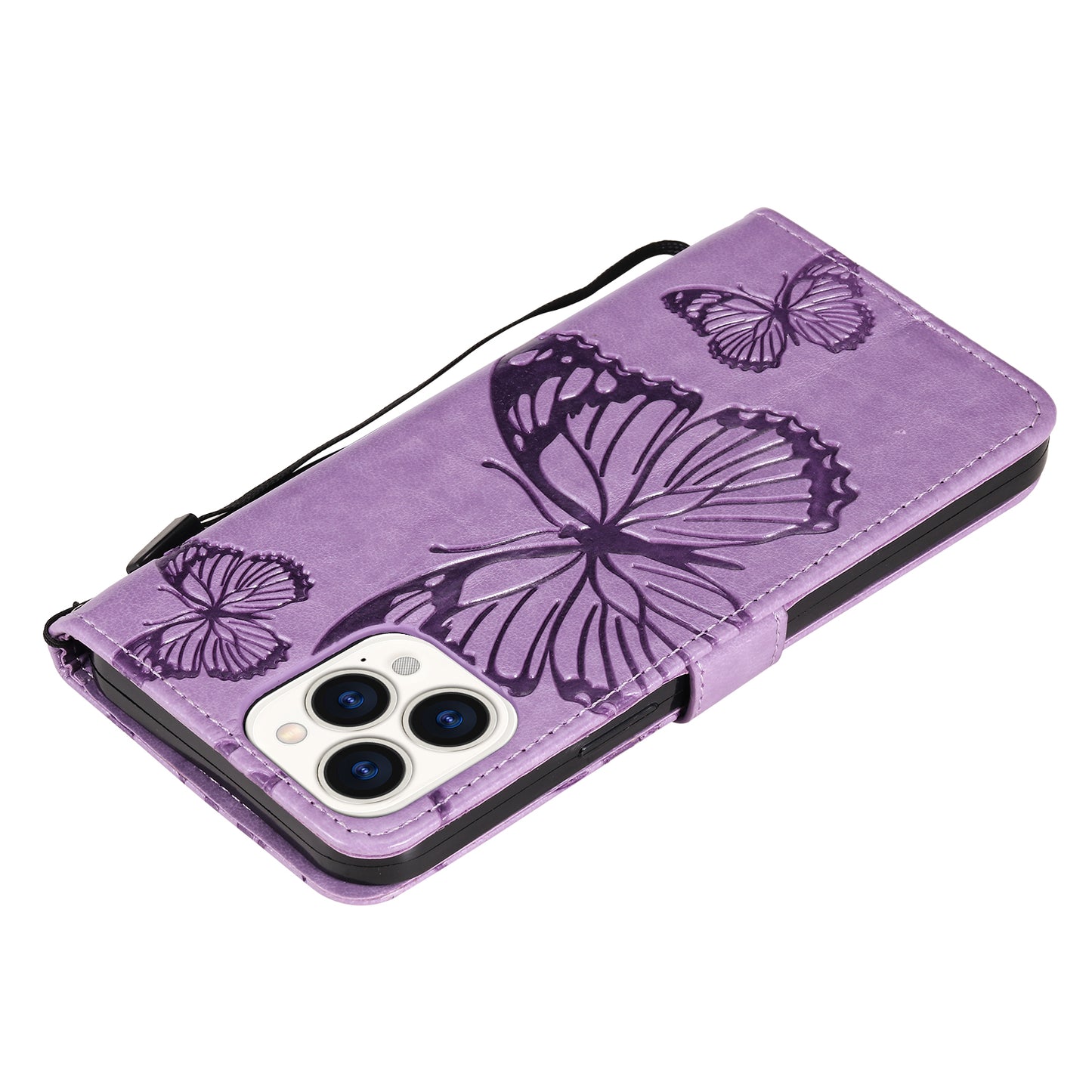 KT Imprinting Flower Series-2 Butterfly Pattern Imprinting Leather Phone CoverProtector with Strap for iPhone 13 Pro 6.1 inch
