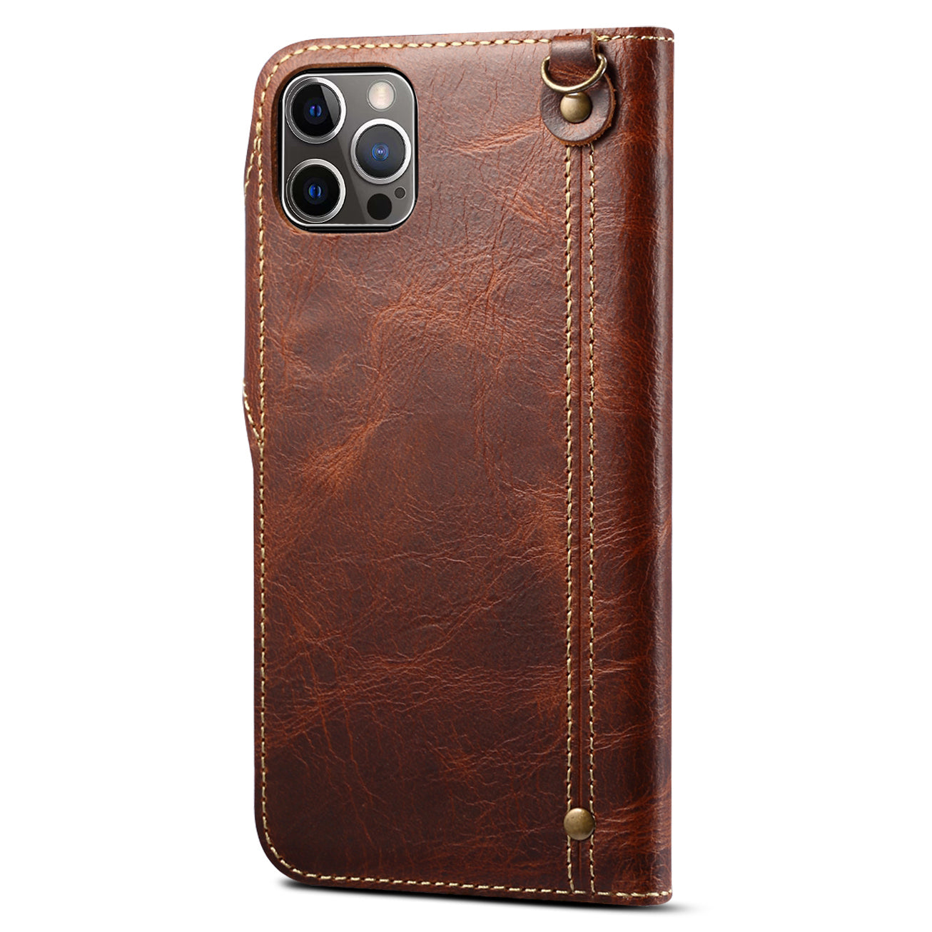 Full Protective Genuine Leather Wallet Phone Shell Cover with Lanyard for iPhone 13 Pro 6.1 inch
